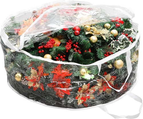 Hedume Wreath Storage Bag - 30" X 12" Clear Container with Dual Zippers & Reinforced Handle | Protect Holiday Wreaths from Dust & Moisture