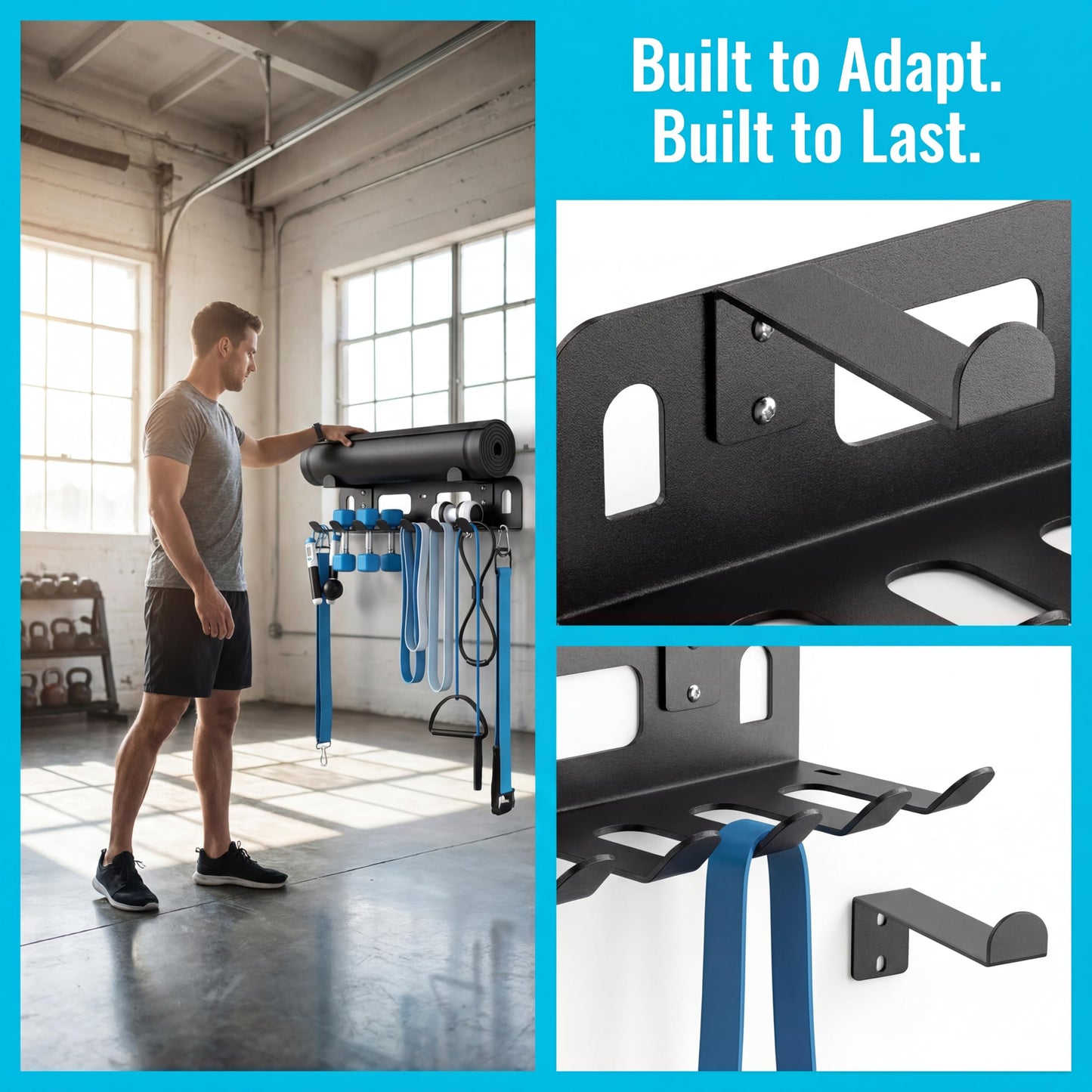 Heavy-Duty Metal Gym Storage Rack, Wall-Mounted Multi-Purpose Home Gym Organizer for Yoga Mat, Resistance Bands, Jump Ropes, Weight Belts - Space-Saving Garage Gym Storage with Removable Hooks