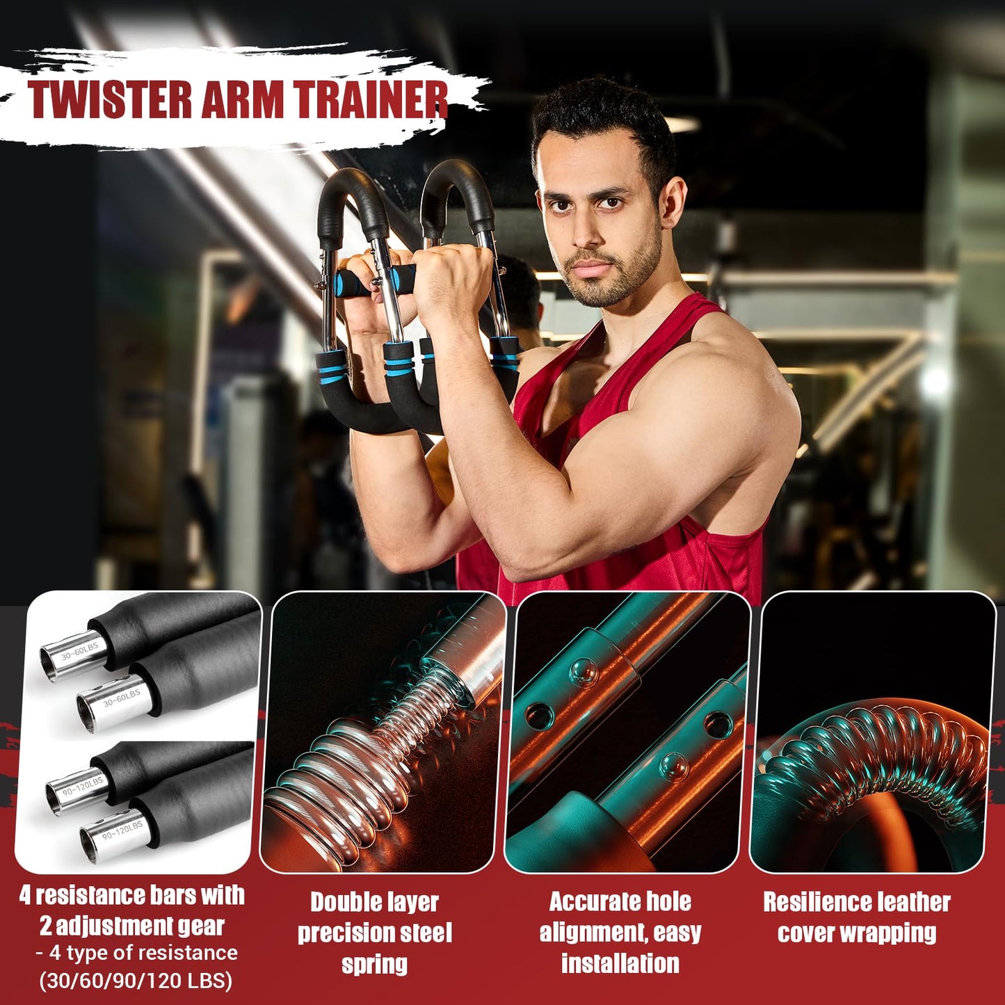 Twister Arm Trainer, 30-120 lbs Adjustable Twister Arm Chest Exerciser with 4 Spring & Poster for Men & Women, Detachable Power Twister Home Fitness Equipment for Enhancing Upper Body Muscle -Blue