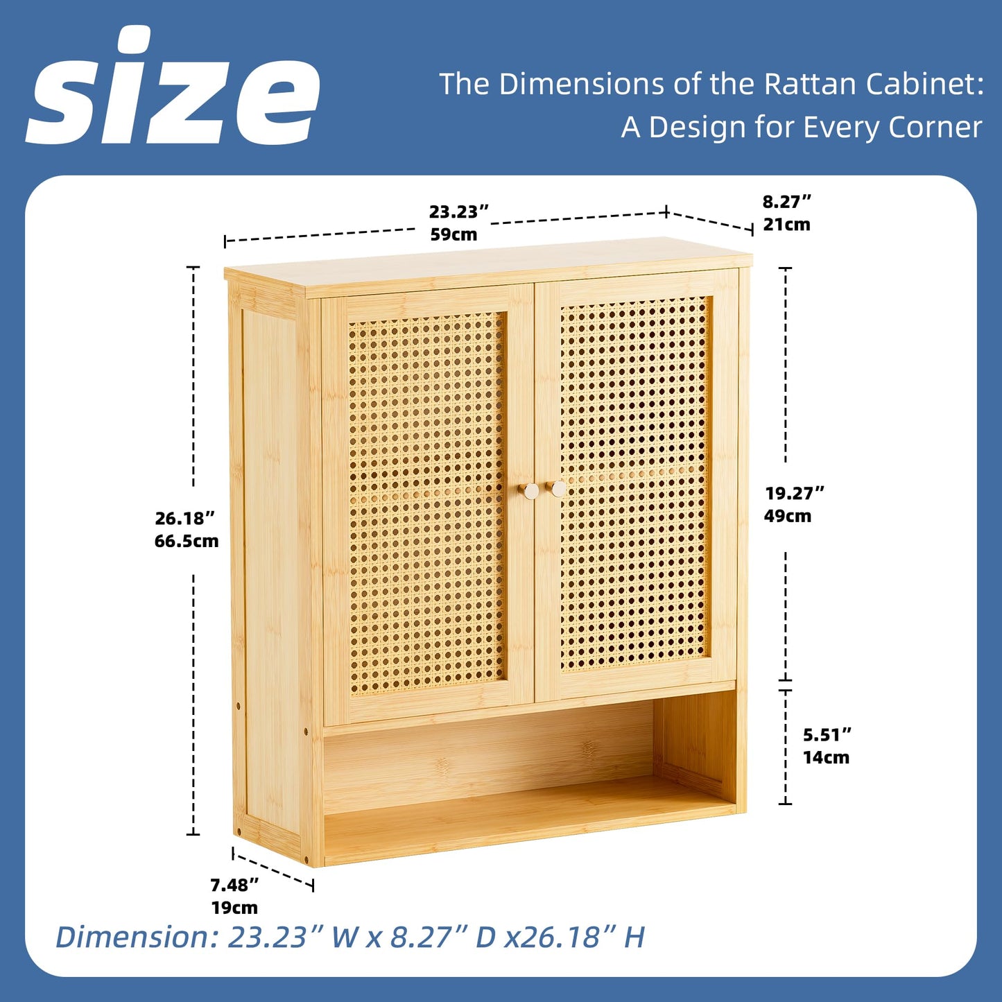 HITNET Rattan Hanging Bathroom Cabinet, Wall Mounted Bamboo Bathroom Cabinet with Double Doors and Adjustable Shelves, Storage Over the Toilet for Kitchen, Living Room, Laundry Room, Natural