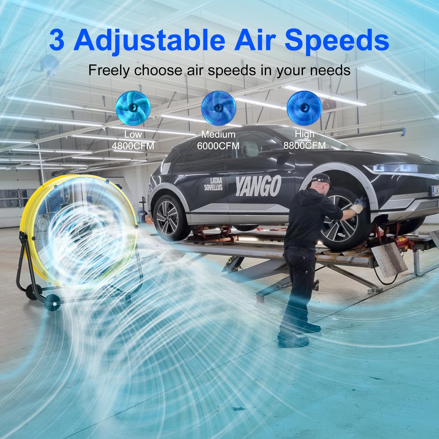 Uthfy 24 Inch High Velocity Industrial Fan, 8800CFM Heavy Duty Floor Drum Fan with 3 Speeds, 360° Tilt Metal Garage Fan with Wheels for Warehouse, Commercial, Workshop, Factory and Gym,Yellow