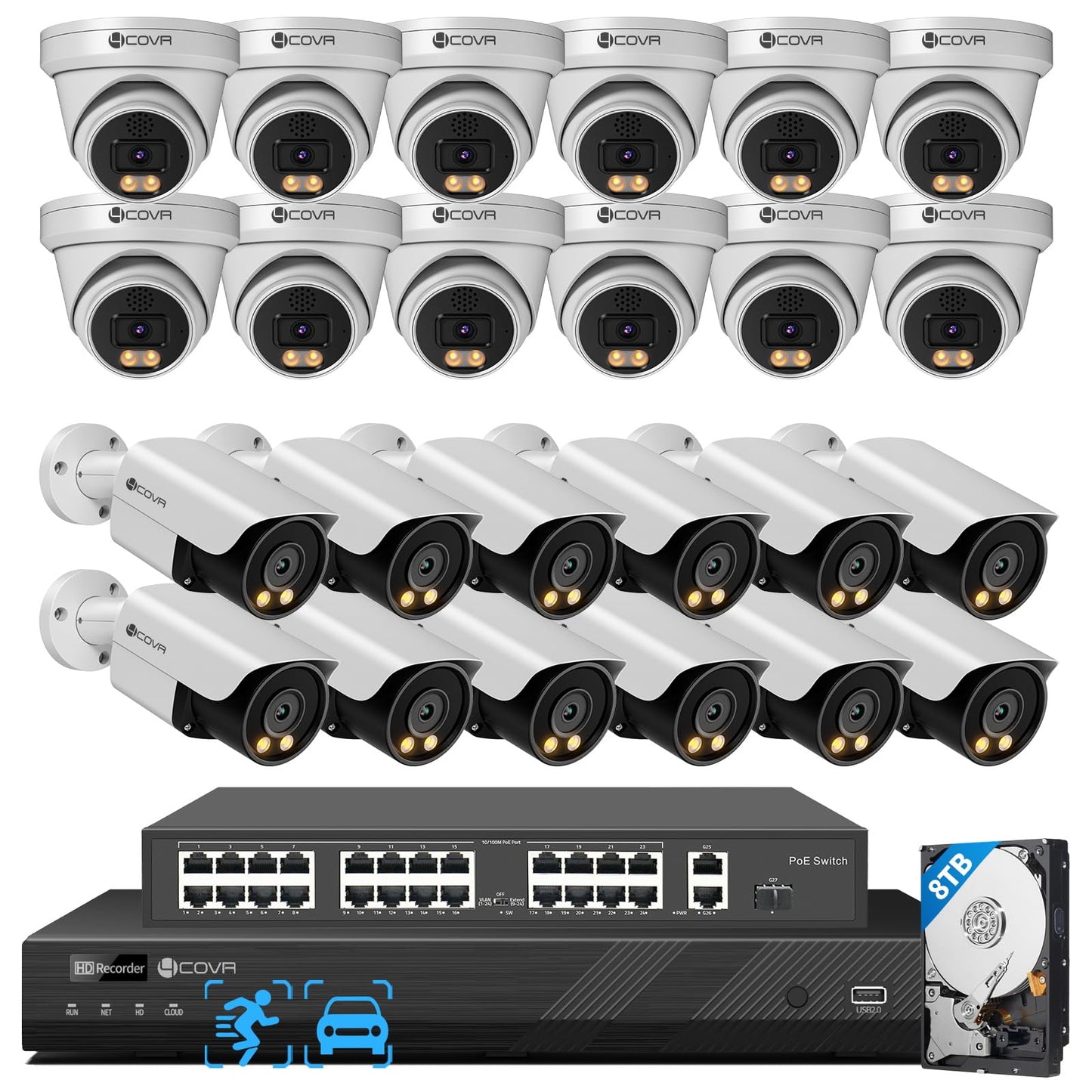 4COVR 32 Channel Security Camera System, 2-Way Audio Talk, Person Vehicle Detection & Smart Color Night Vision, UHD NVR 8TB HDD, 12 Dome 12 Bullet 5MP PoE IP Camera Business IP67, LYH37Y5M3224