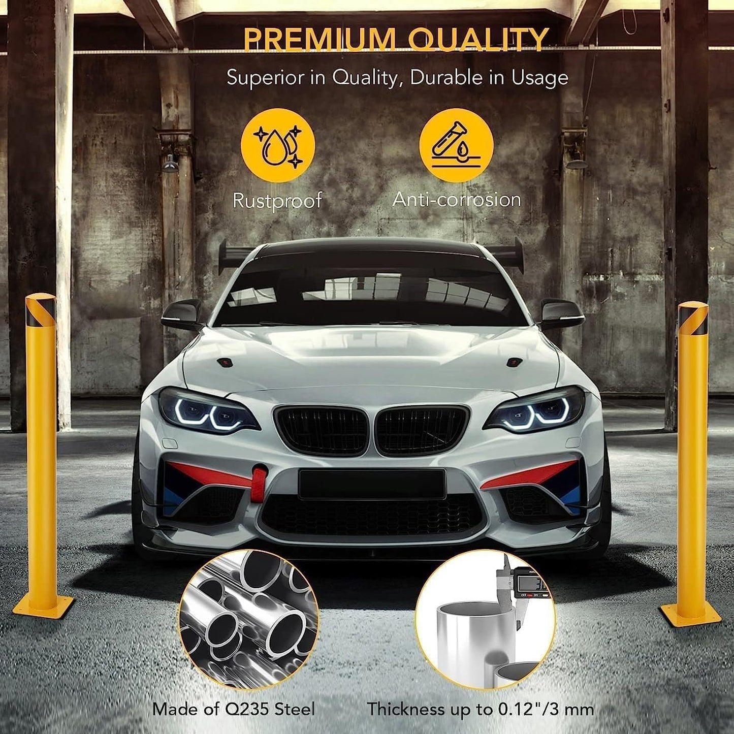 6-Pack 48 Inch Steel Safety Bollards, 4.5 Inch Diameter Parking Bollard Post with 24 Anchor Bolts, Yellow Safety Steel Bollard Post for Driveway Barrier, Traffic Control & Storefront Protection