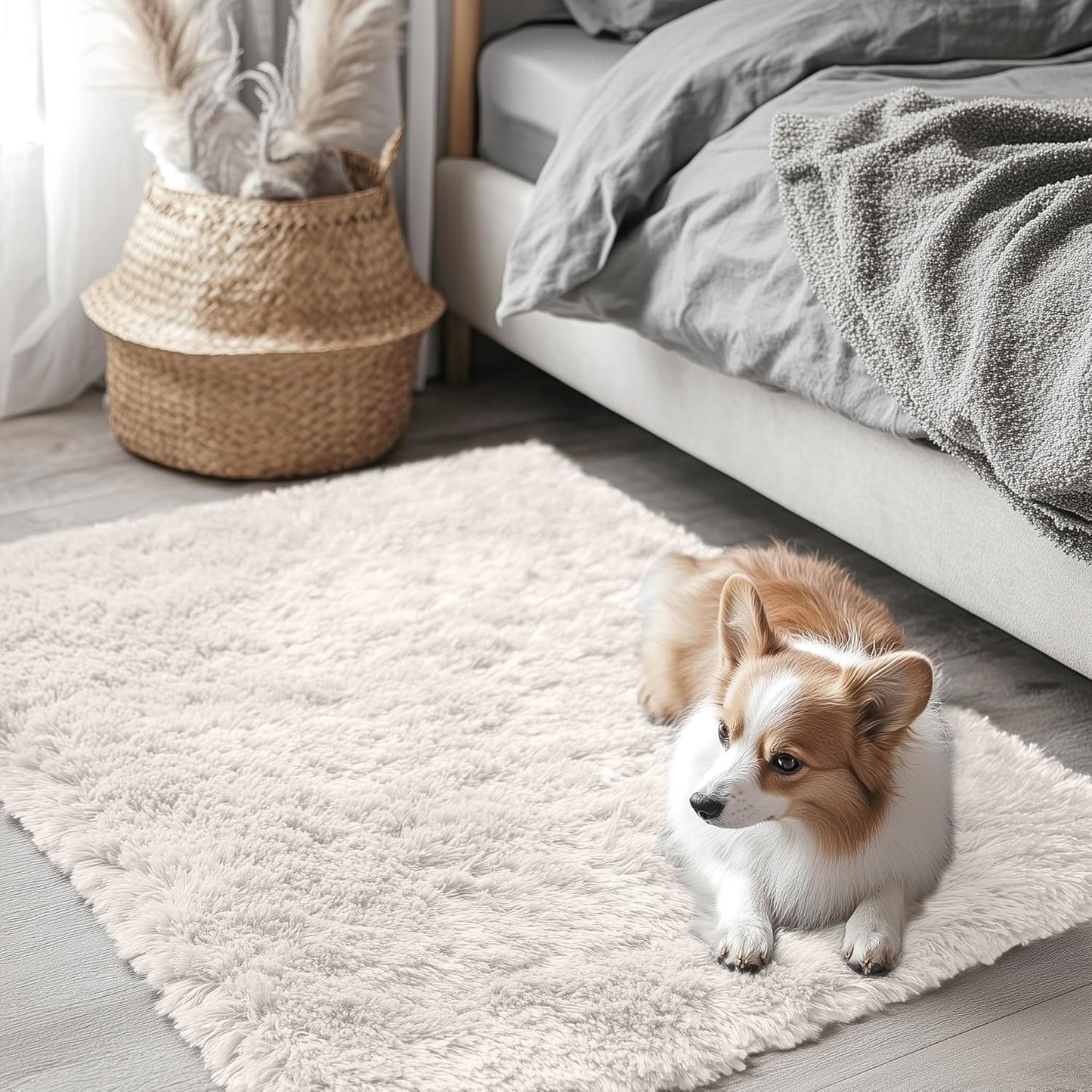 OLANLY Small Bedside Rug - Soft, Fluffy Shaggy Throw Rug for Bedroom & Living Room | Ivory