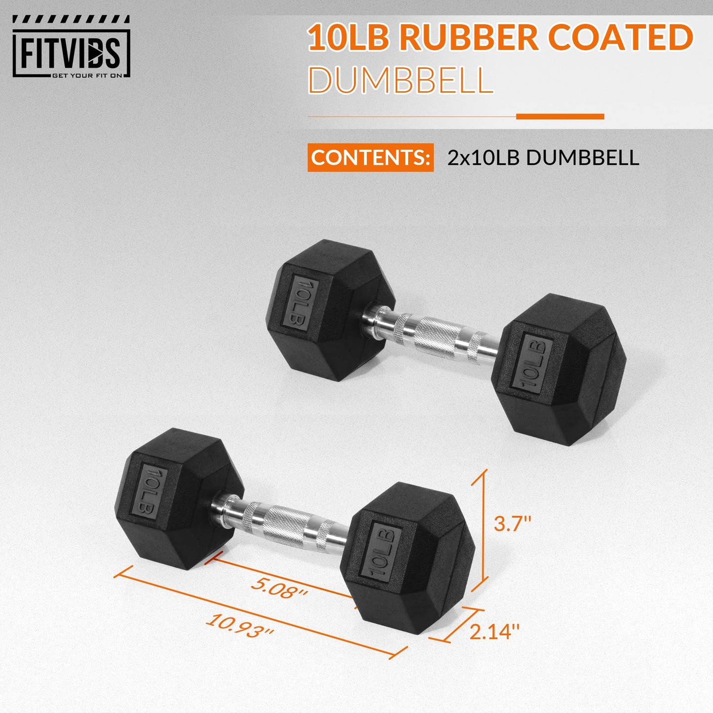 Fitvids Rubber Encased Hex Dumbbell, Hand Weights Set of 2 with Anti-Slip Cast Iron Grip for Strength Training, 10 LB Pair