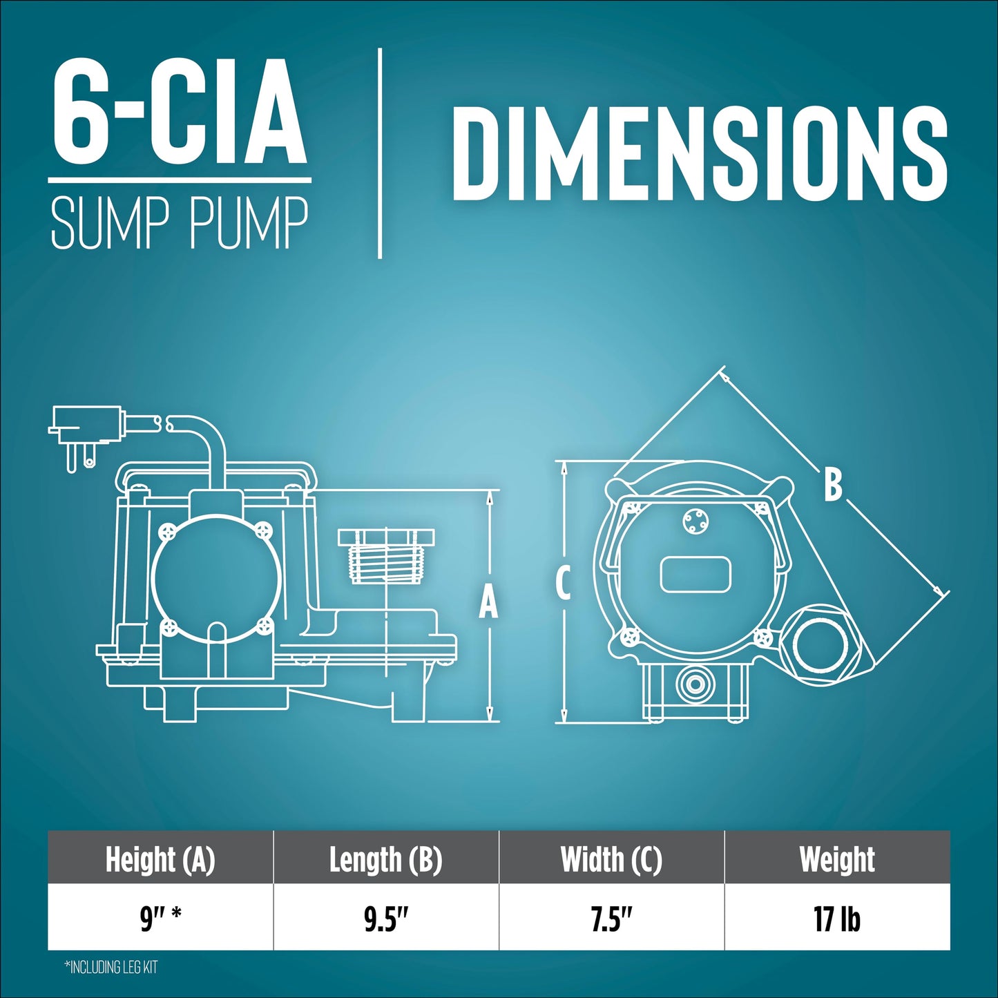 Little Giant 6-CIA 115 Volt, 1/3 HP 2760 GPH Cast Iron Submersible Sump Pump with Extended Leg Kit and Integral Diaphragm Switch, 10-Ft. Cord, Blue, 506162