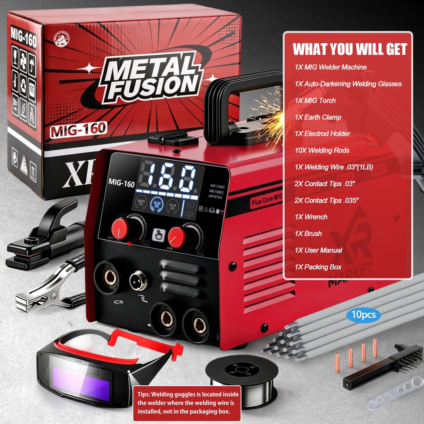 XR MARKET 160Amp 3 IN 1 Welder, Flux Core Welder/Lift TIG/Stick Welding Machine, Auto Darkening Welding Glasses MIG Welder, Portable MINI Welder Machine 110V, Gasless MIG Welder with IGBT Inverter