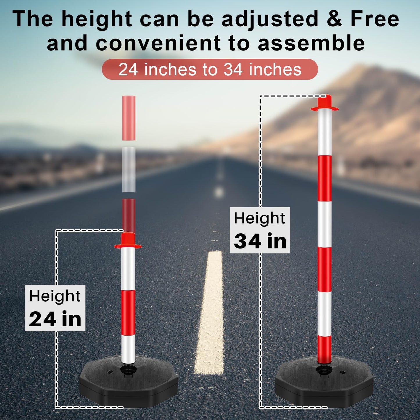 Konohan 6 Pack 34 Inch Parking Cone Delineators Post Traffic Cone Plastic Stanchion Set Stands Parking Barrier with Base 6.6 ft Chain S Hooks Reflective Collar (Red,White)