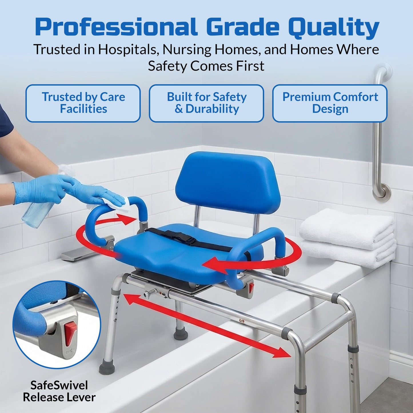Platinum Health Carousel Sliding Shower Chair Tub Transfer Bench with Swivel Seat, Premium Padded, Pivoting Arms, Adjustable Space Saving Design for Tubs, Inside Shower, for Handicap & Seniors, Blue