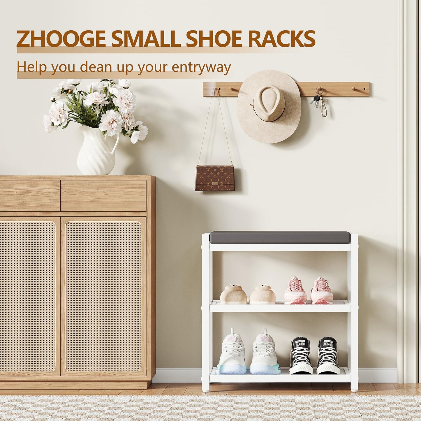 Small Shoe Bench Shoe Rack Storage Bench Entryway Bench Shoe Shelf with Seat Cushion, Stable Shoe Organizer for Entryway, Living Room, Bench Seat Holds Up to 300 lb, (18"L x 12"W x 17"H, White)