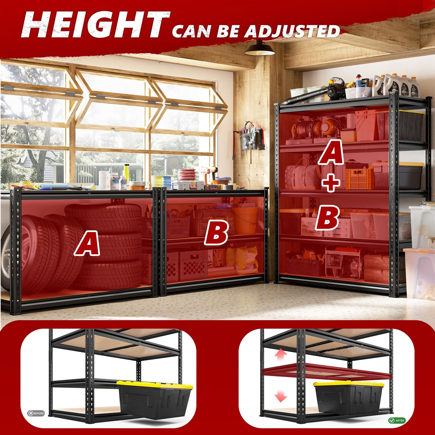 REIBII 2400LBS Storage Shelves 5 Tier Garage Shelving Heavy Duty Adjustable Garage Shelves, Utility Rack Shelf, Shelving Units for Warehouse Pantry Closet, Commercial, 35.5" W x 11.9" D x 72" H, Black