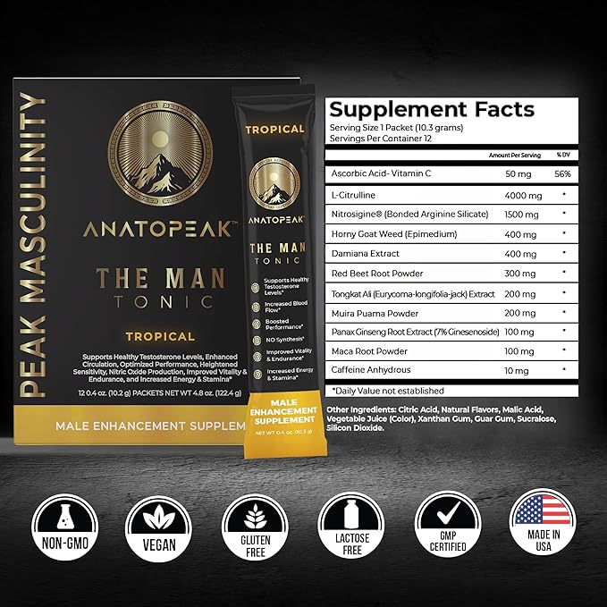 Male Enhancing Supplement Powder ??Testosterone Supplement for Men with Tongkat Ali, Maca Root, Horny Goat Weed Powder, Beet Root & L-Citrulline ??Nitric Oxide Enhancer (12 Stick Packs) - Tropical