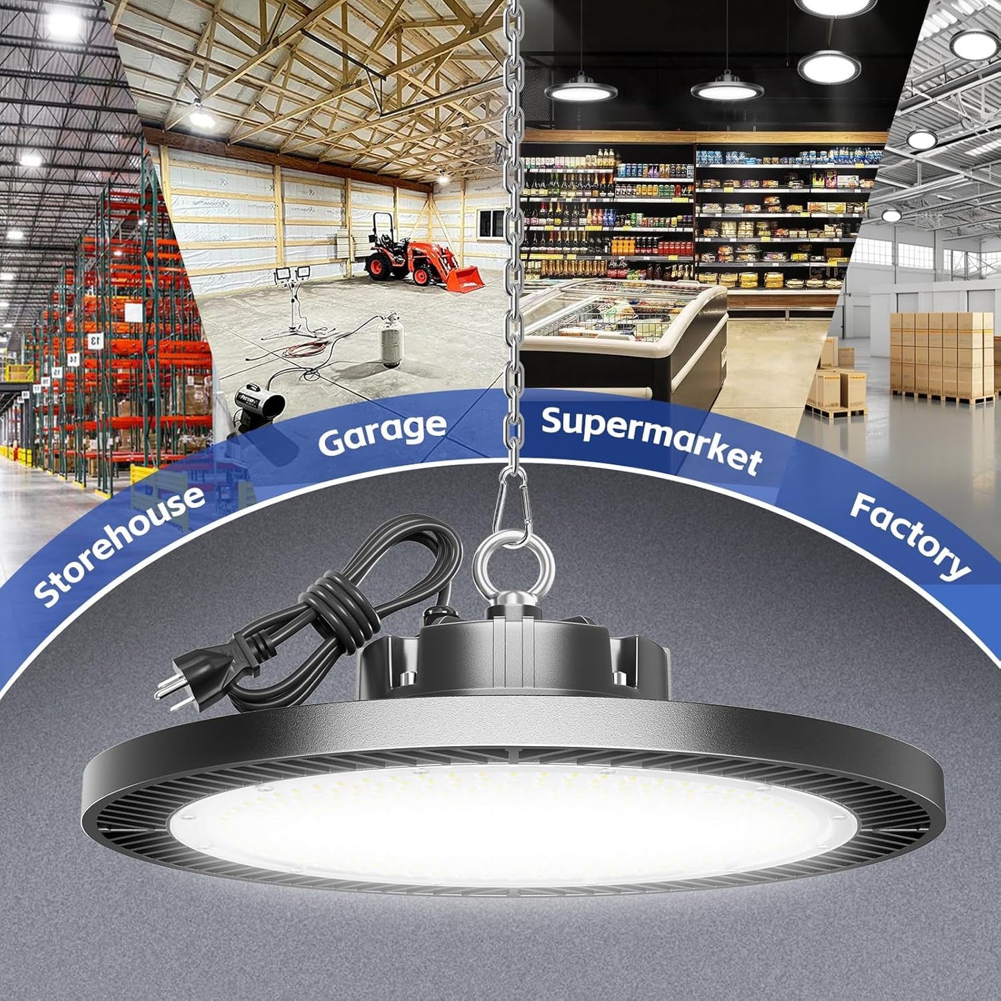 Gugsey Led High Bay Lights 200W - 28000lm 5000K Super Bright Waterproof Led Shop Lights with Plug 5' Cable and Hook Ring, Garage Light for Factory Gym Warehouse Workshop（4 Pack）
