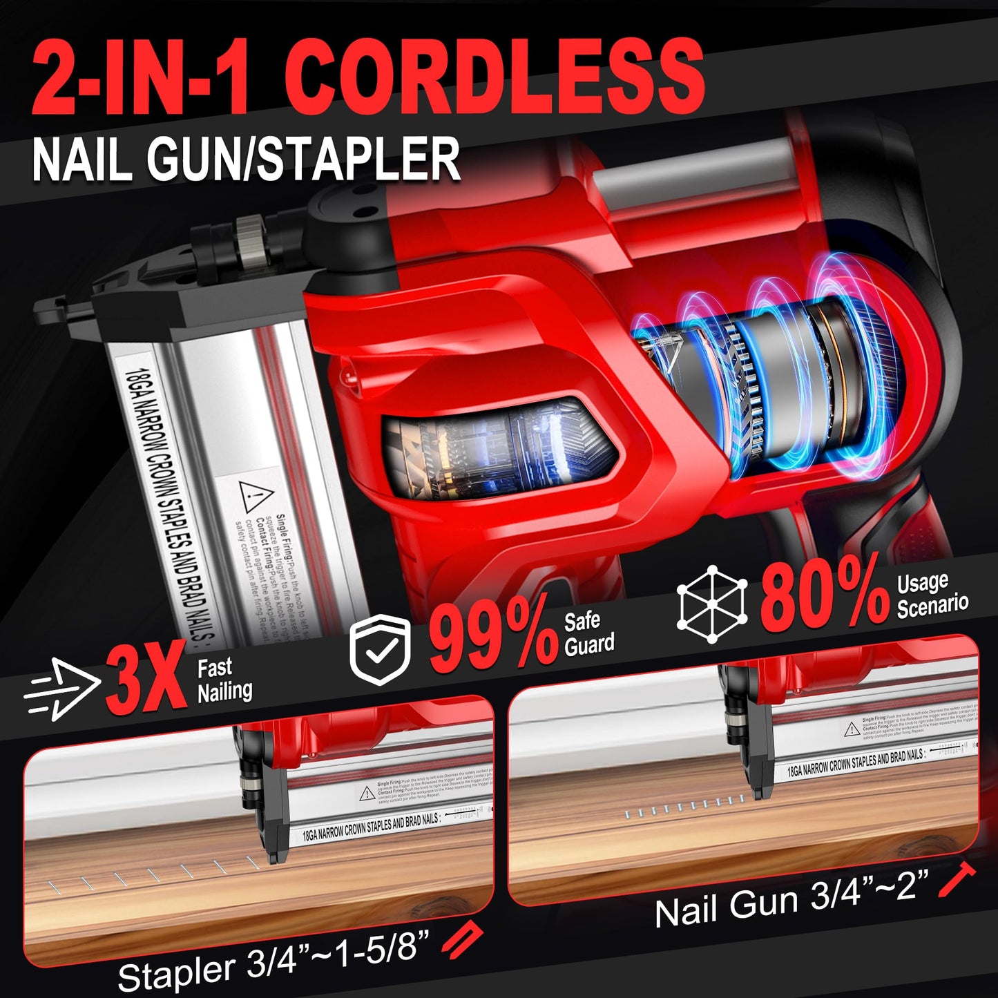 SILVEL 2" Cordless Brad Nailer, 2-in-1 21V Electric Brad Nailer with 2 * 2.0Ah Battery, 1000pcs Nails, 18GA Staples, Adjustable Depth for Woodworking, Home Improvement, Red