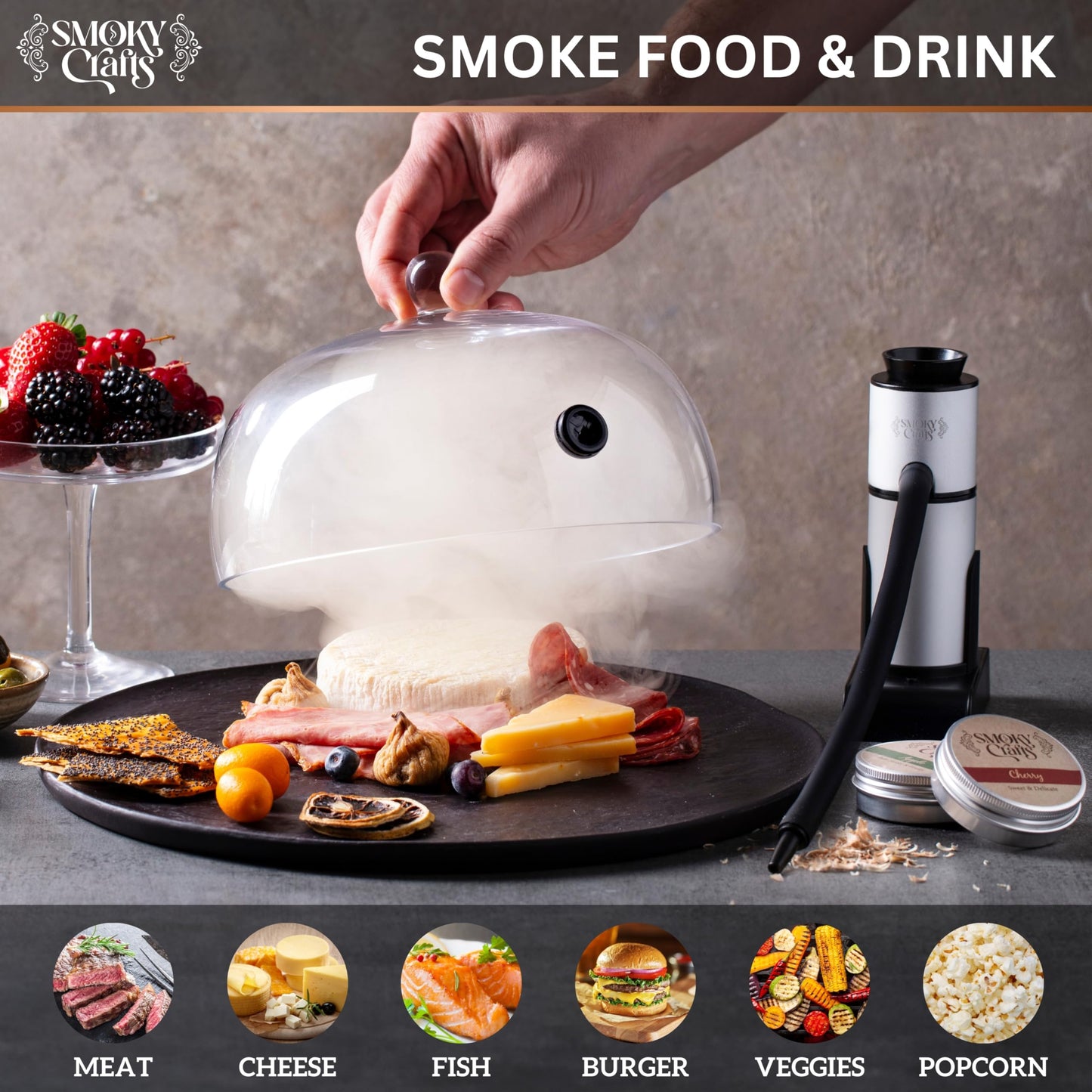 Smoky Crafts Food & Whiskey Smoker Kit with Updated Smoke Gun, 8" Glass Dome, Acacia Wood Top and Apple & Cherry Wood Chips - Old Fashioned Drink Smoker Kit