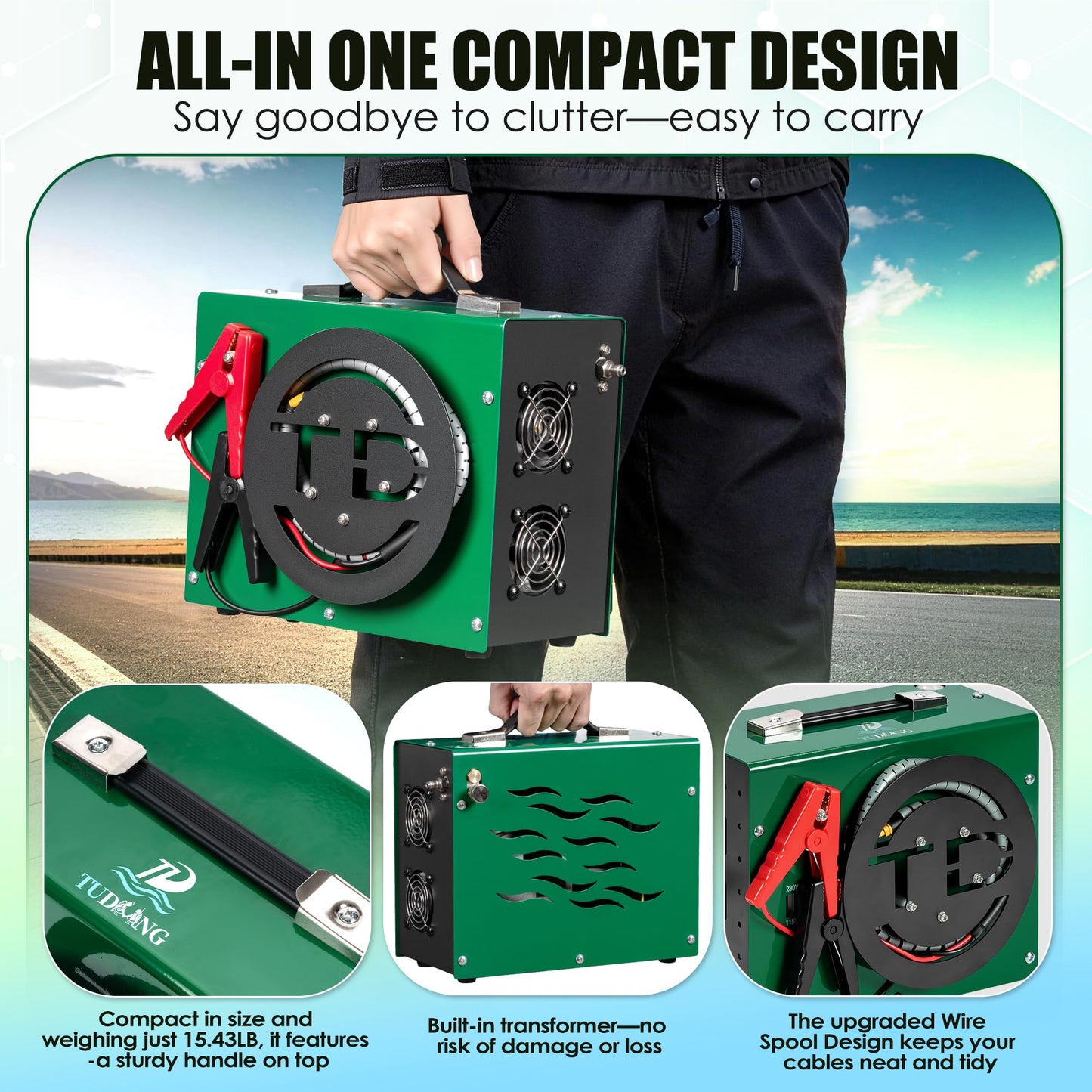 TUDIVING PCP Air Compressor,4500Psi/30Mpa HPA Compressor, Built-in Power Converter for 12V DC or 110V AC with Wire Spool Design,Water/Oil-Free for Pistol Paintball Scuba Tank Air Pump