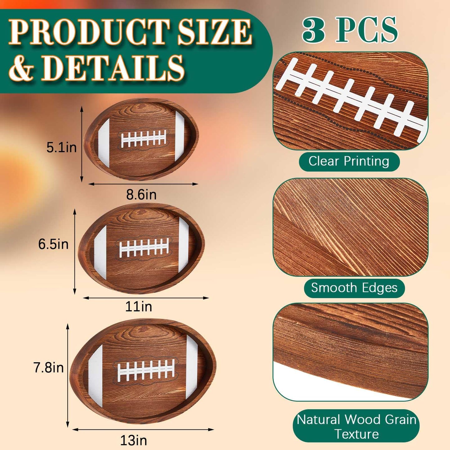 Geetery 3 Pcs Football Serving Trays and Platters Wooden Shaped Football Plates Soccer Serveware Tailgate Party Serving Platter for Game Party Decorations, 13'', 11'', 8.7''