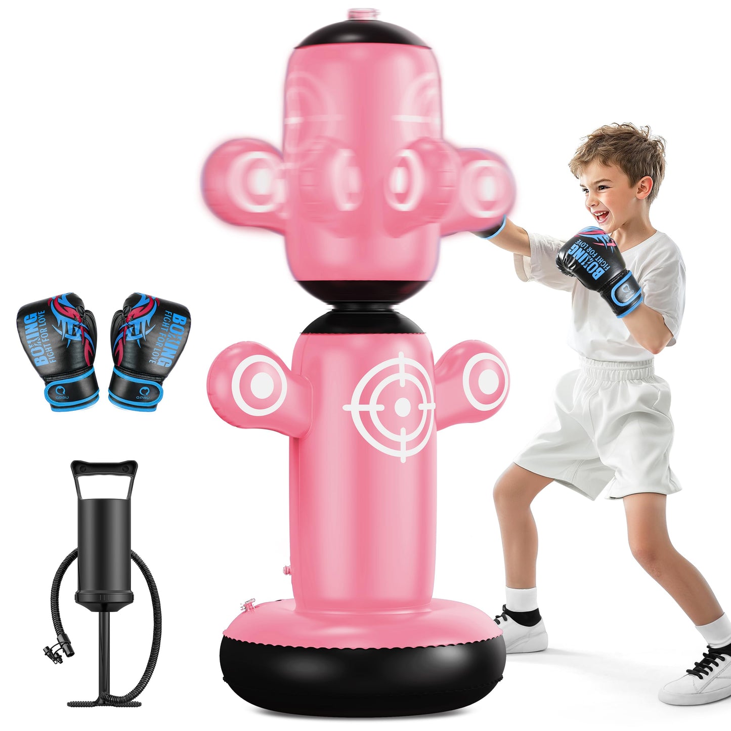 QPAU 360° Rotatable Punching Bag for Kids, Lager 64” Kids Punching Bag with Gloves, Hand Pump & 6 Targets, Bop Bag Inflatable Punching Toy, Karate Gifts for Boys, Girls (Pink)