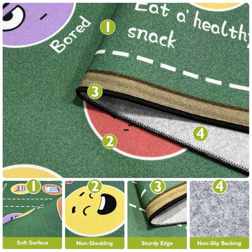 GRAMBET Classroom Rug Elementary 5x7ft for Playroom, Educational Smiley Face Kids Play Mat, Calming Corner Sensory Emotion Feelings Rug for Kids Room Nursery Bedroom, Non-Slip Washable(Green)