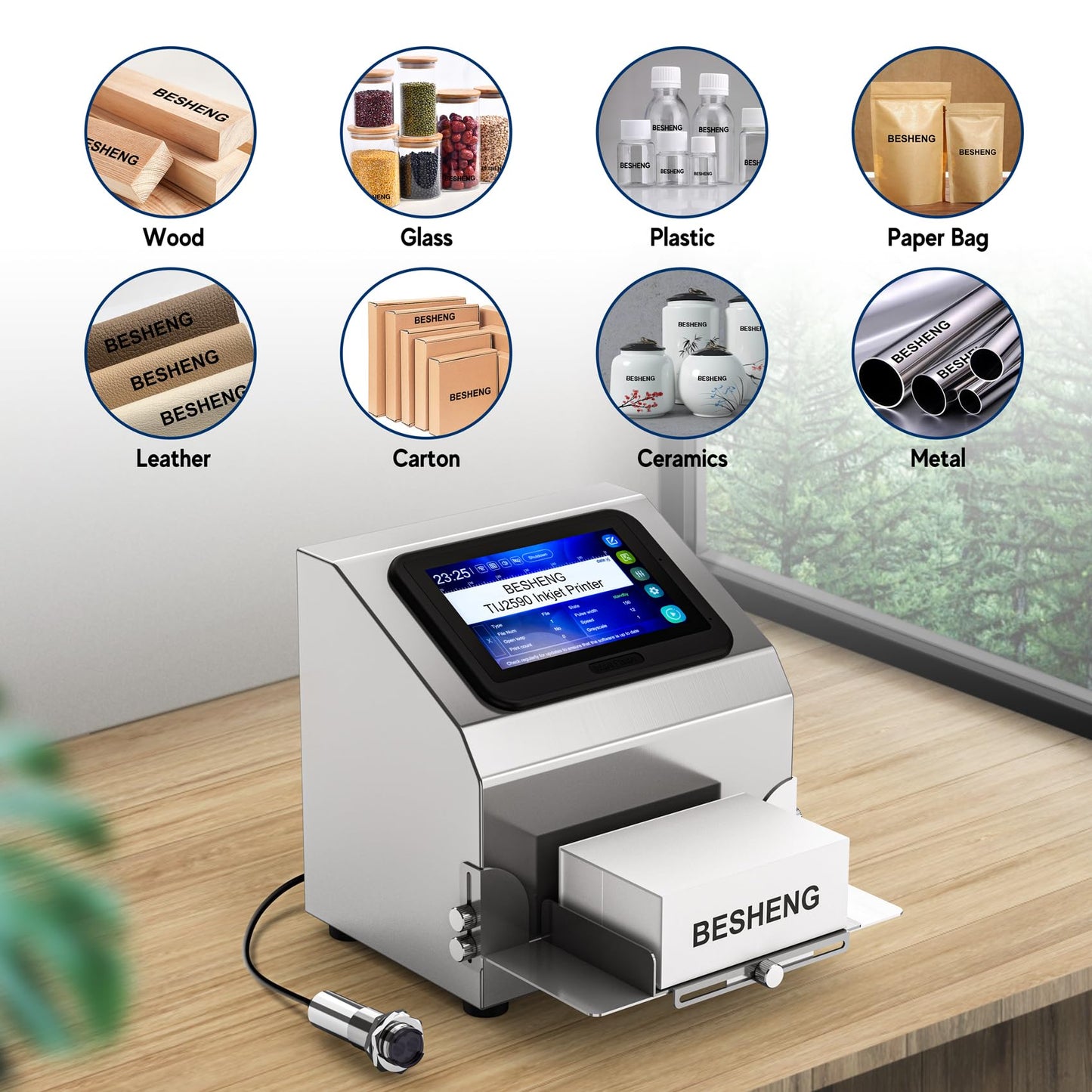 BESHENG Inkjet Coding Machine with 5 Inch Touch Screen Inkjet Coder with 42ml Original Quick-Drying Ink Cartridge Intelligence Batch Printer for Date/Time/Barcode/QR Code/Batch Number/Label/Picture
