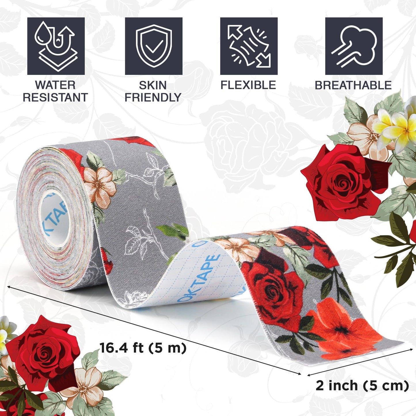 OK TAPE Patterned Kinesiology Tape, Elastic Physical Therapy Athletic Tape for Pain Relief & Muscle Support, Uncut Kinetic Tape, 2in x 16.4ft- 2 Rolls (Rose)