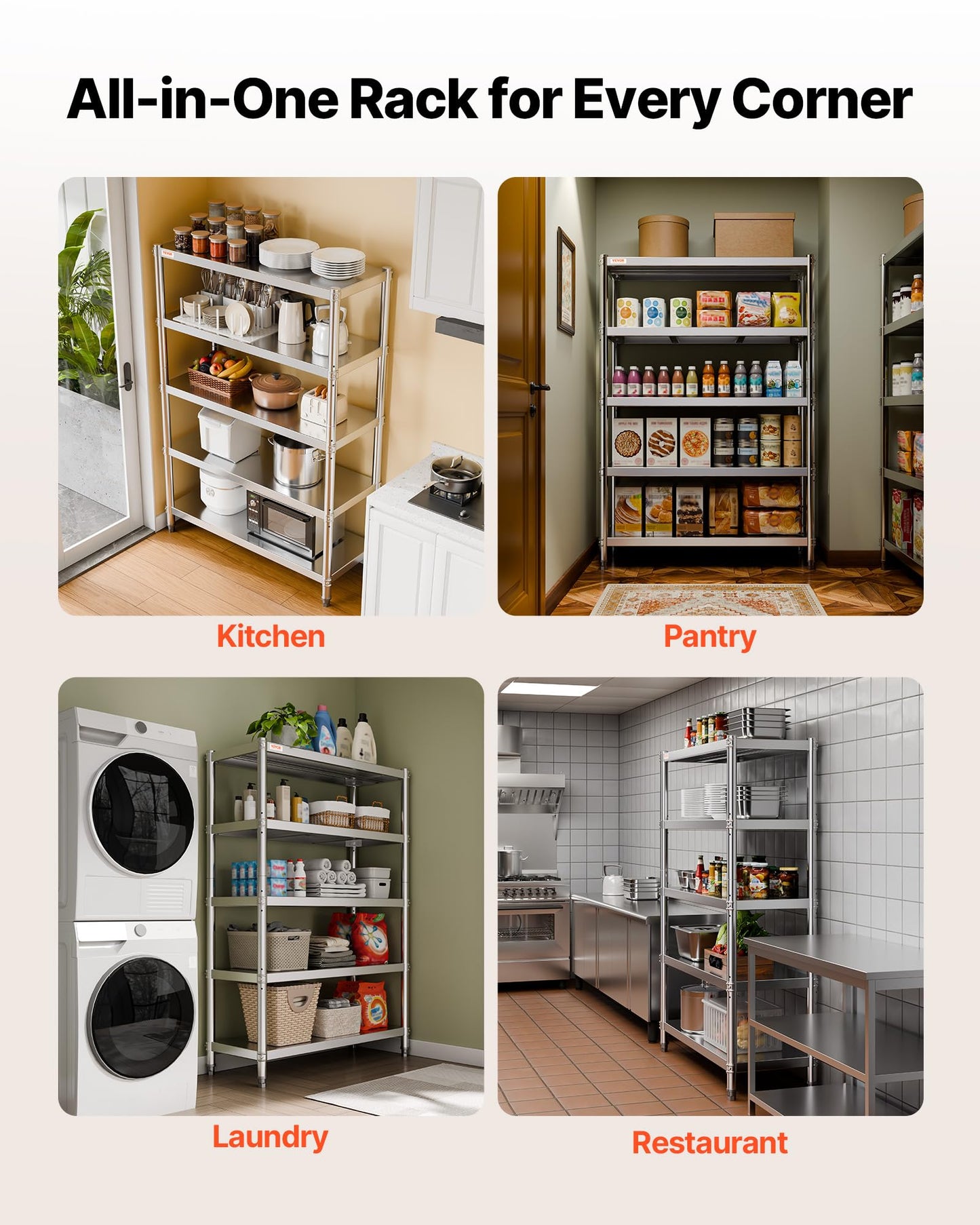 VEVOR Stainless Steel Shelving 48x18.5 Inch 5 Tier Adjustable Shelf Storage Unit Stainless Steel Heavy Duty Shelving for Kitchen Commercial Office Garage Storage 330lb Per Shelf