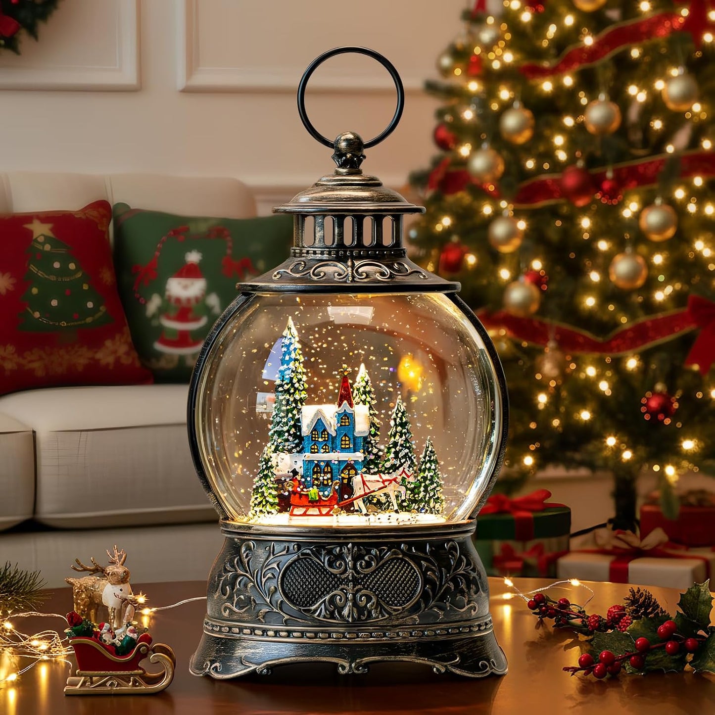 Regine Switzerland Christmas Snow Globe - Musical Water Lantern with Timer & USB/Battery Operation | Blue Church Design