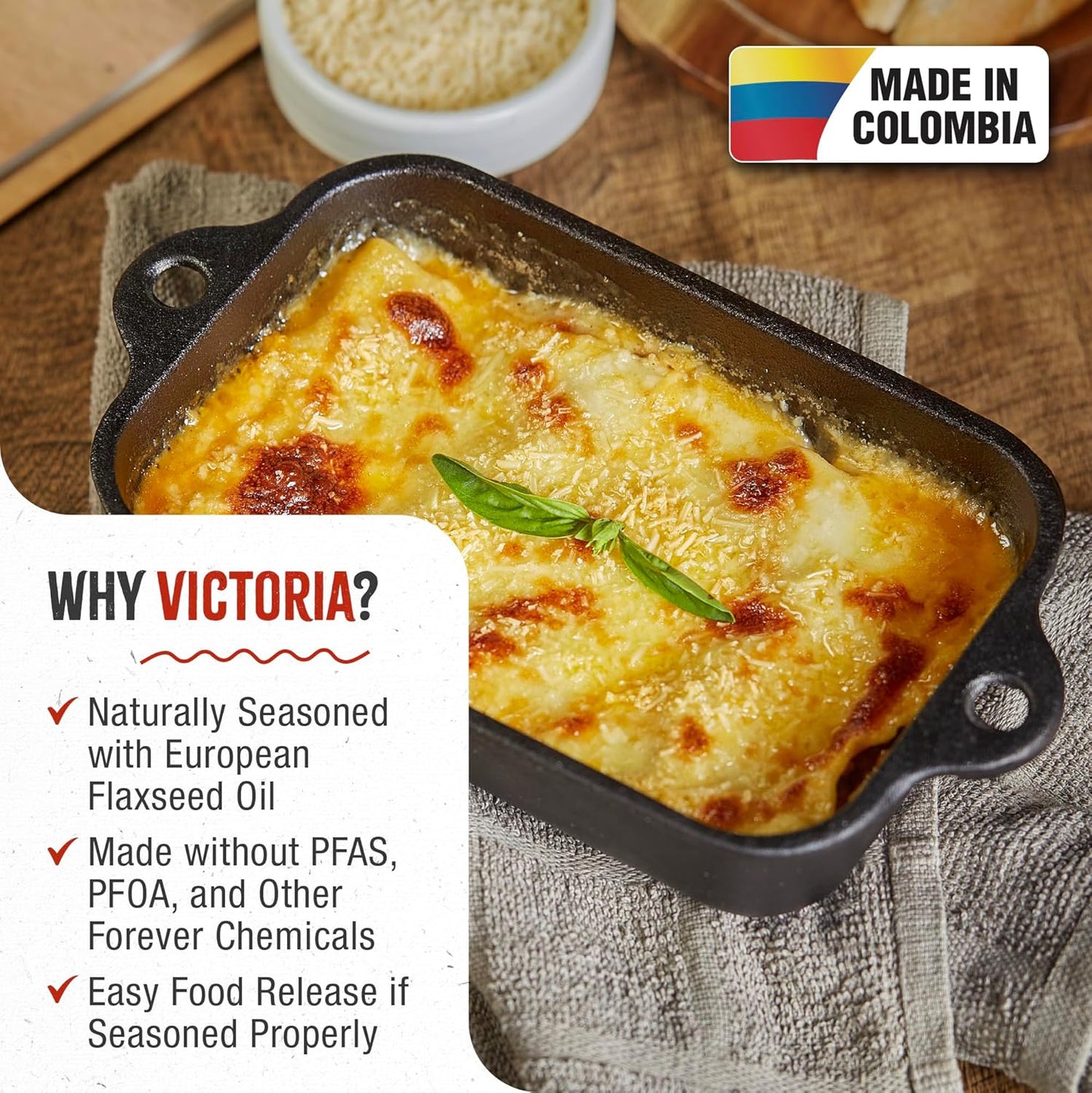 Victoria Mini Lasagna Pan - Preseasoned Cast Iron Roaster for Casseroles & Sides | Made in Colombia