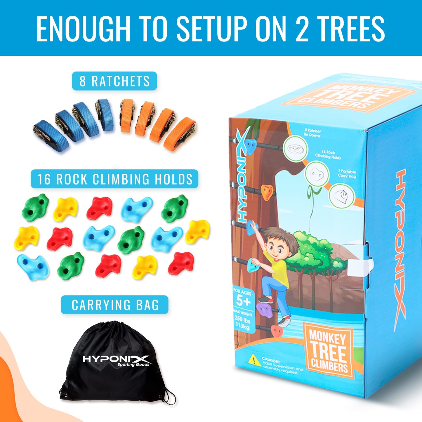 Hyponix Ninja Tree Climbing Kit – 16 Large Rock Holds & 8 Ratchets, 10-Minute Setup, Thicker Textured Grips, Supports 250lbs, CPC Certified Safety, Portable Bag – Backyard Fun & Ideal Gift for Kids
