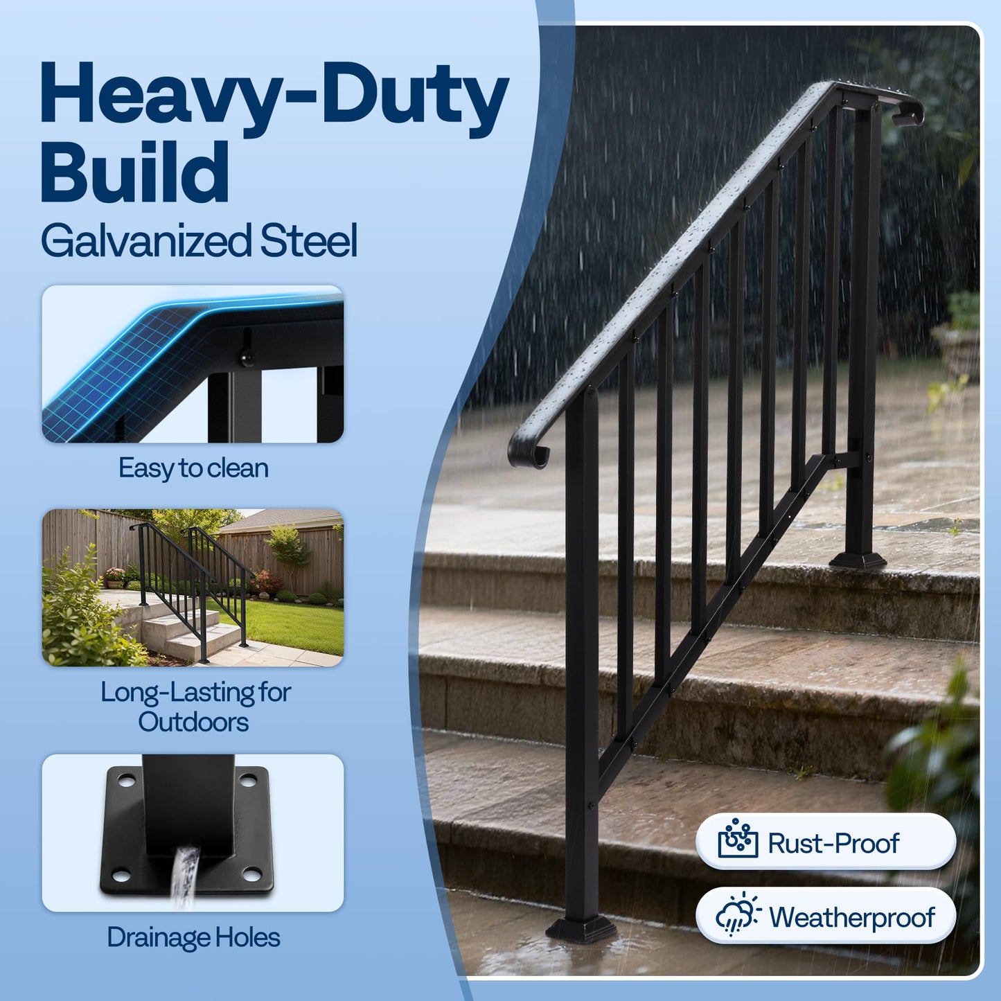 VIVOHOME 2-Pack Galvanized Steel Hand Rails for Outdoor Steps – 40.6" Curved Ends and Safety Balusters Exterior Railing Kit for Porch, Deck, or Indoor Stairs (4-Step, Black)