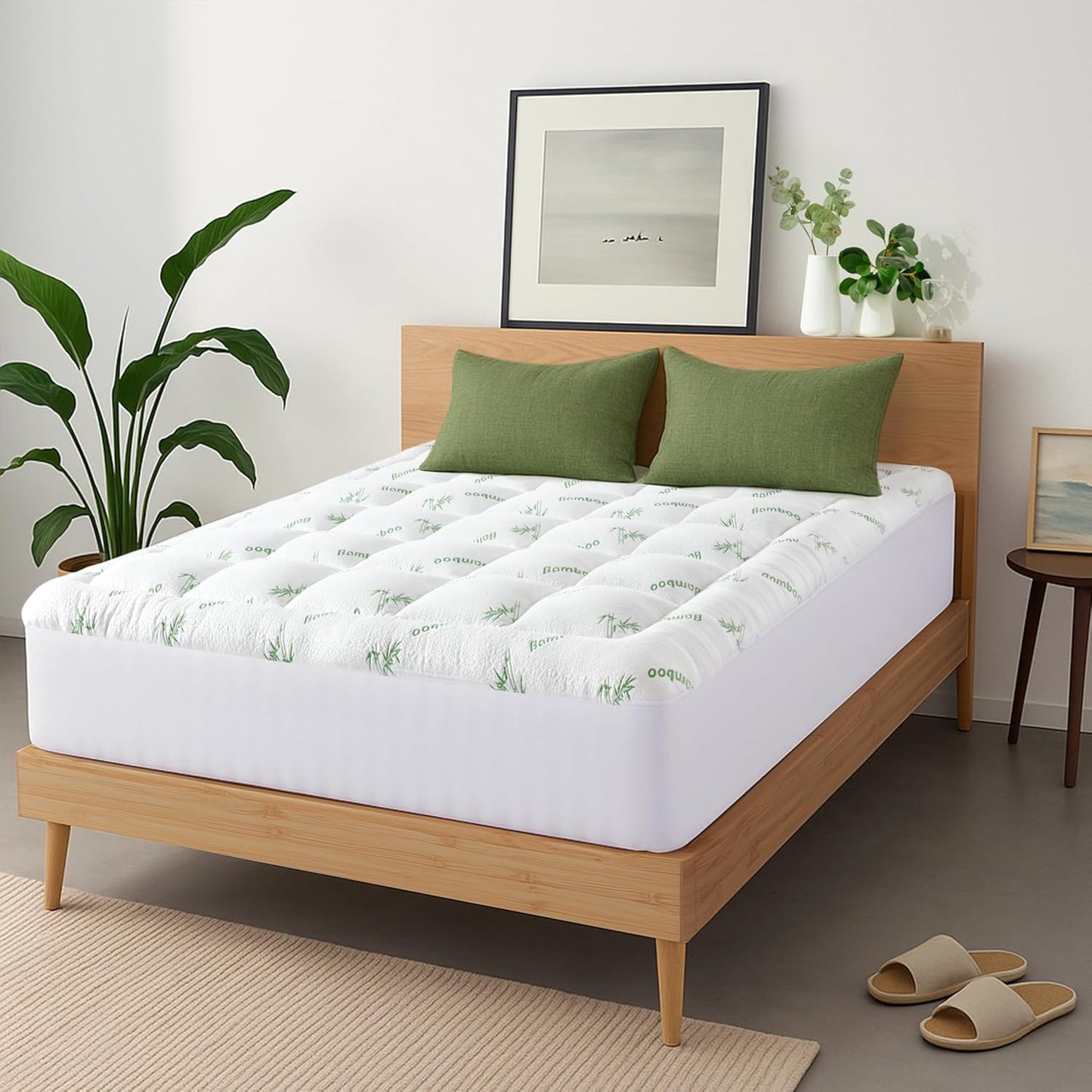 Skiennix Ultra Soft King Size Mattress Topper - Bamboo Viscose Pillow Top for Full Body Support - Naturally Cooling, Green