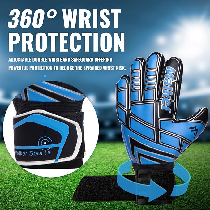 Malker Soccer Goalie Gloves Goalkeeper Gloves with Fingersave and Double Wrist Protection, Strong Grip Goalkeeper Gloves for Kids, Youth, Adults