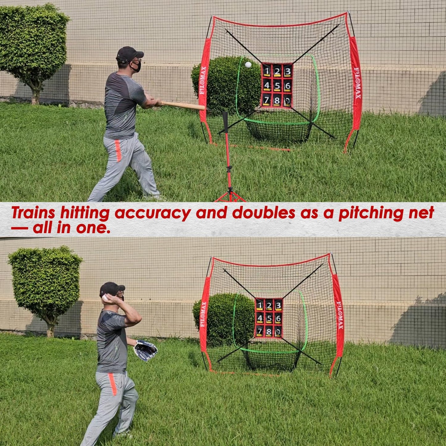 7x7ft Baseball & Softball Practice Net with Numbered Strike Zone & Batting Tee - Heavy Duty Portable Hitting Pitching Training Net for Accuracy and Swing Practice, Includes Carry Bag (7 ft x 7 ft)