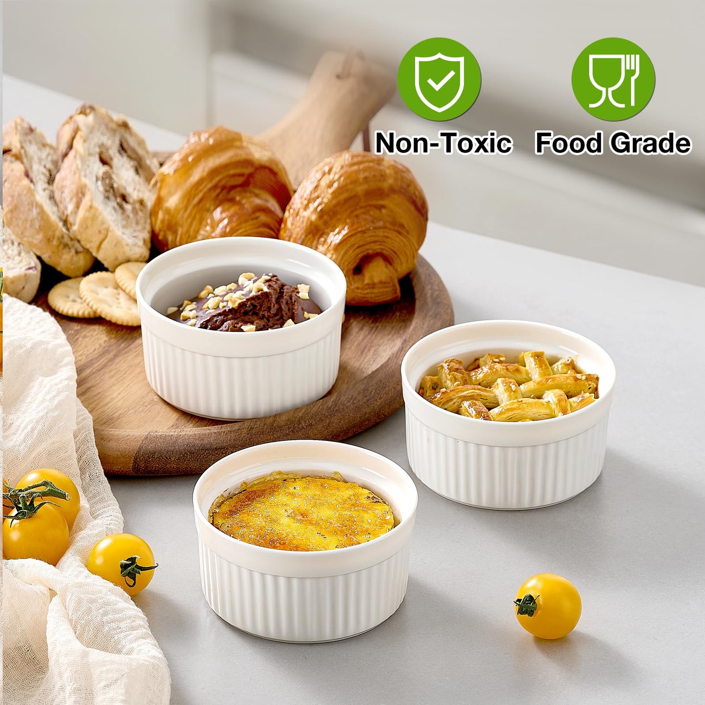 Mfacoy Ramekins with Lids Set of 6, 8 oz Porcelain Creme Brulee Souffle Ramekins with Covers, White Pudding Custard Cups Ramiken for Baking, Small Bowls for Sauces Dessert, Dishwasher and Oven Safe