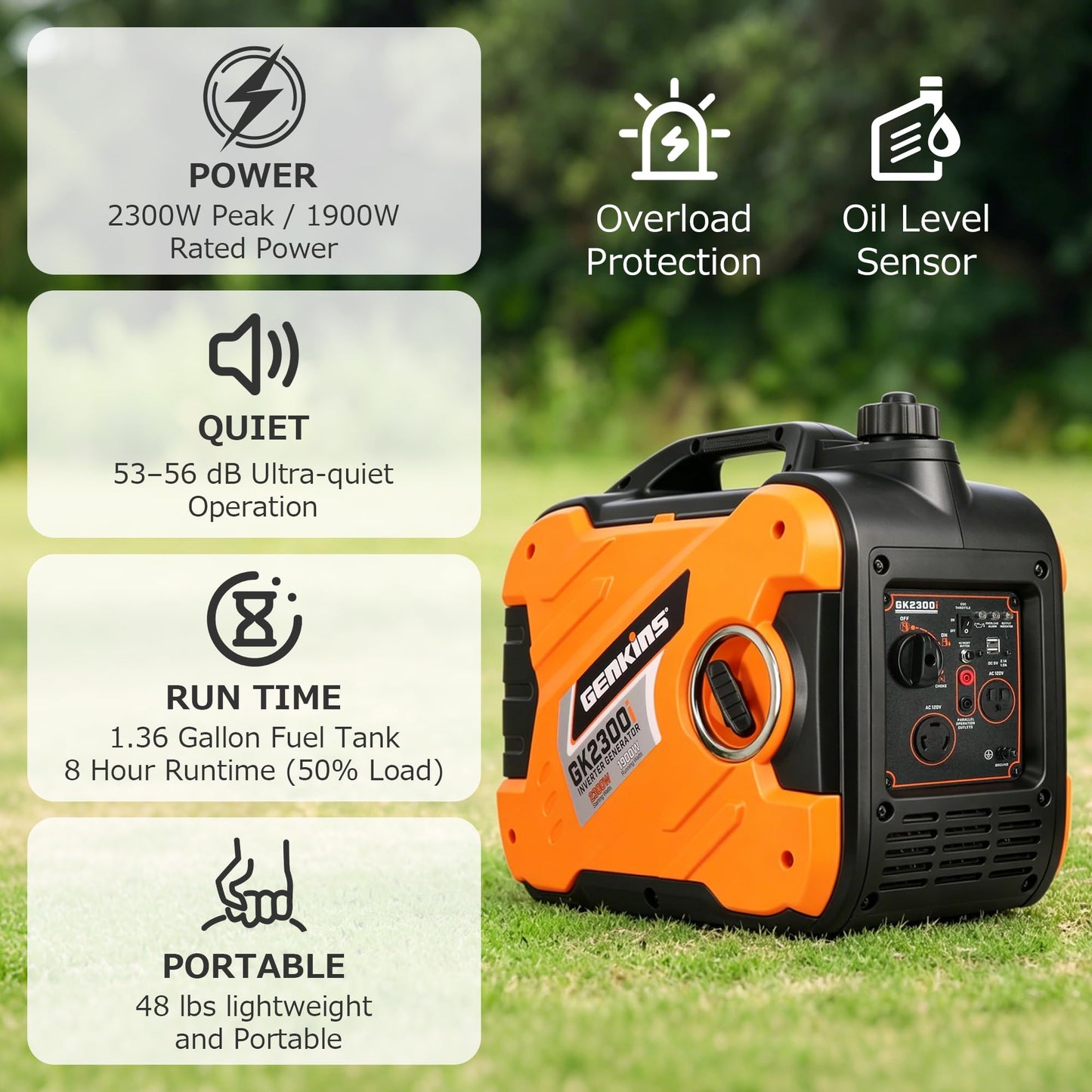 GENKINS Inverter Generator 2300 Watt Portable Generator Gas Powered Ultra Quiet for RV Ready Outdoor Camping Home Backup