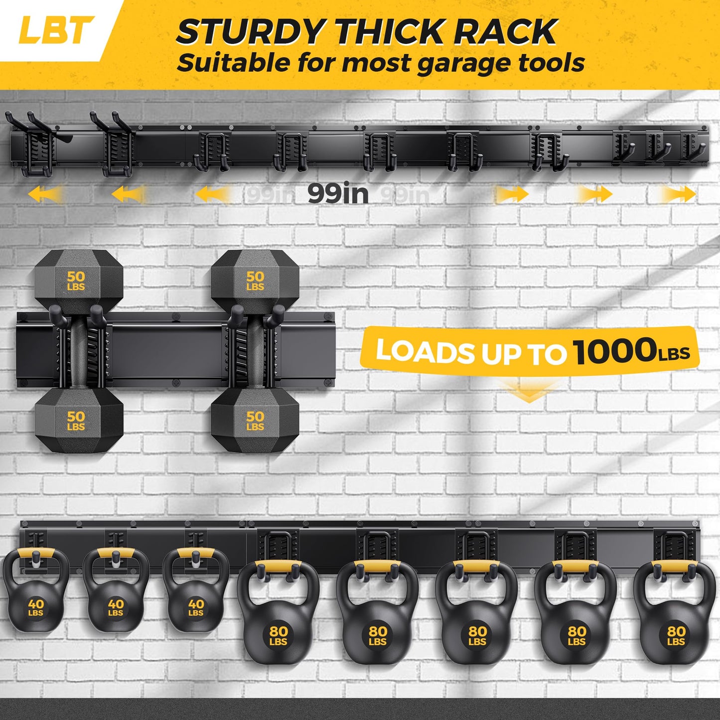 LBT 99" Garage Tool Organizer Wall Mount - 1000lbs Garden Tool Organizer with Adjustable Hooks, Heavy Duty Metal Garage Storage Rack, Anti-Rust Shed Rack Holder Hanging Rake Broom Mower Snowboard