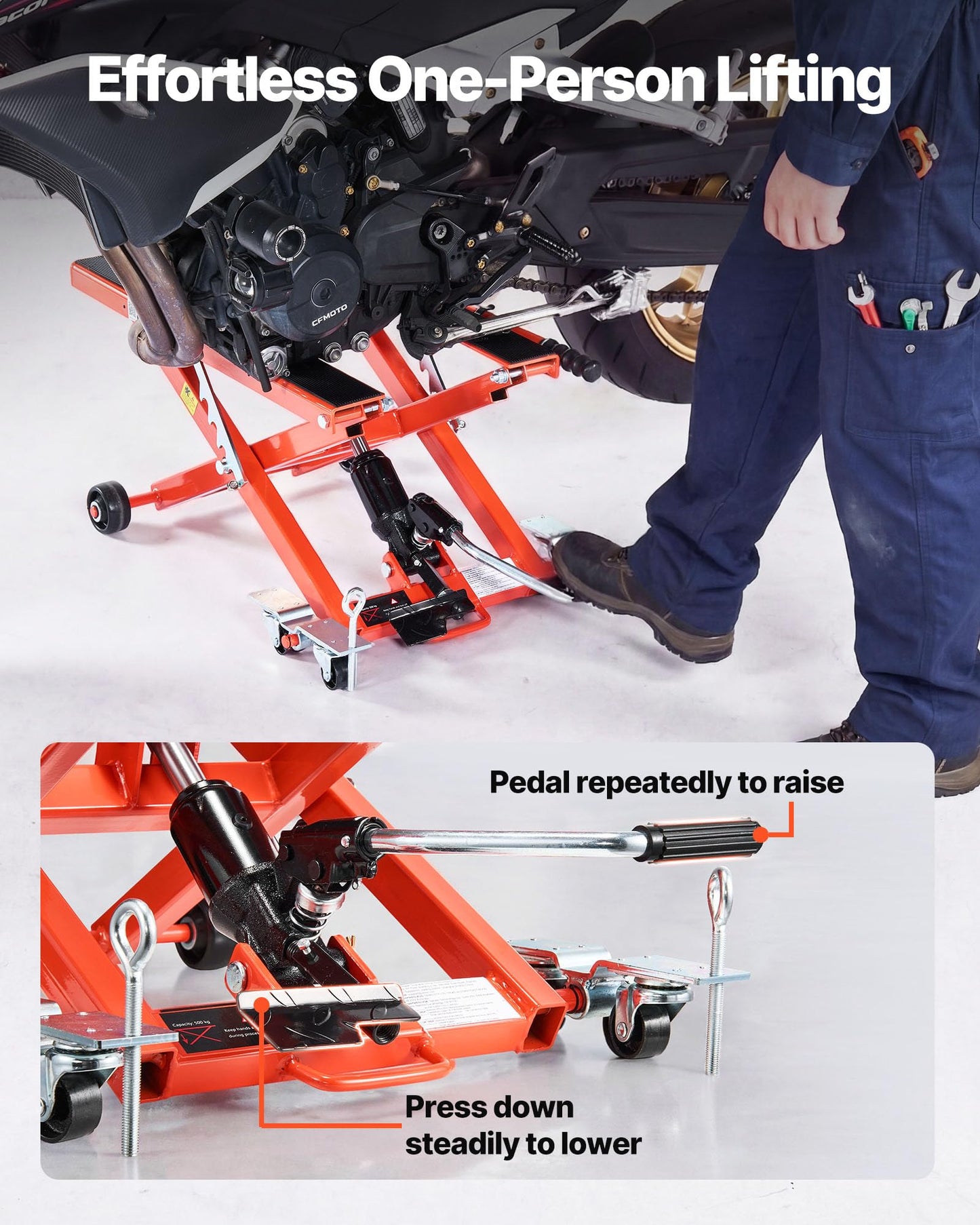 VEVOR Hydraulic Motorcycle Lift Jack, 1100 lbs Capacity, Scissor Lift Jack Portable Motorcycle Hoist Stand with 6 Wheels, 4.72"-15.15" Height Range, Hydraulic Foot-Operated Hoist Stand for Dirt Bikes