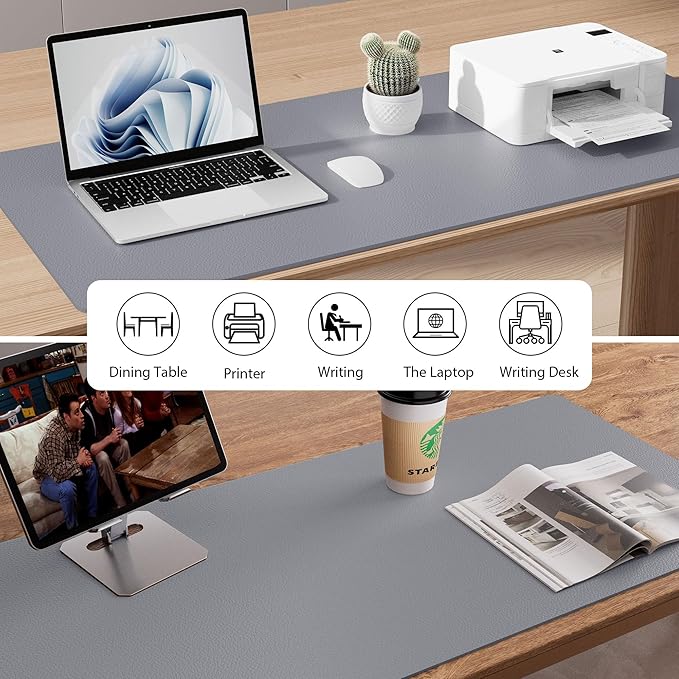 Aothia Faux Leather Desk Mat - Non-Slip PU Leather Desk Blotter, Waterproof Writing Surface, Large Desk Pad for Office & Home (Light Grey, 55" x 17")