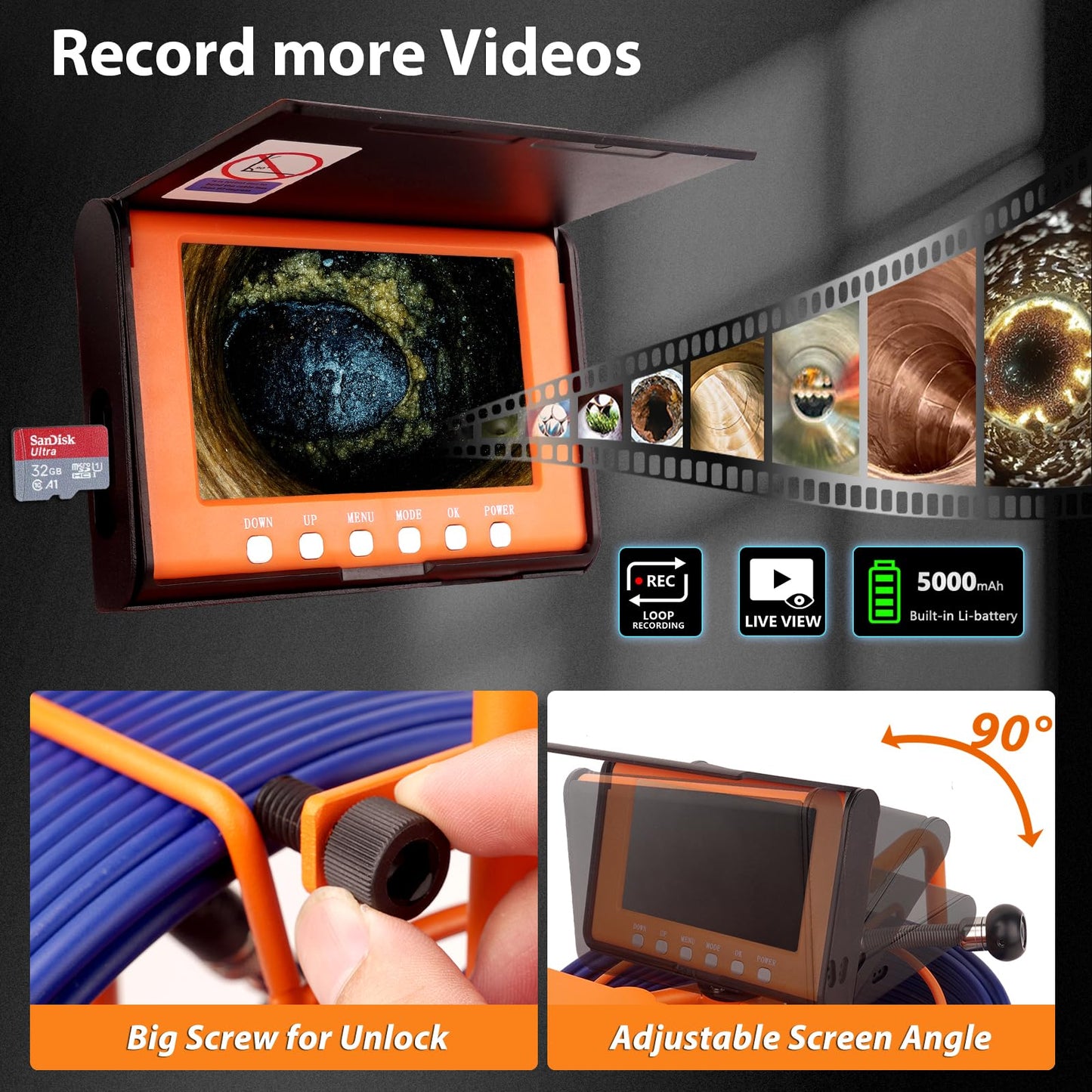 Kcapyn Sewer Camera 100FT/30M Pipe Inspection Borescope Endoscope Camera with Light 6 LEDs 5" IPS Screen 17MM Plumbing Snake 5000 Mah Battery,1080P High-Definition Industrial Sewer Camera