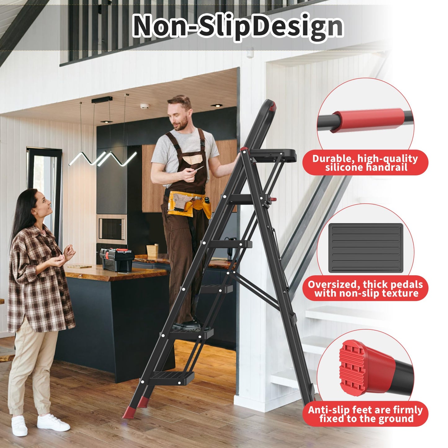 DIAMONDFORGE 5 Step Foldable Ladder with Multifunctional Tool Tray, Iron, Platform Ladders Stepstools, Folding with Non-Slip Pedals, 800 lbs Bearing Capacity for Adults/Home/Kitchen, Black Red