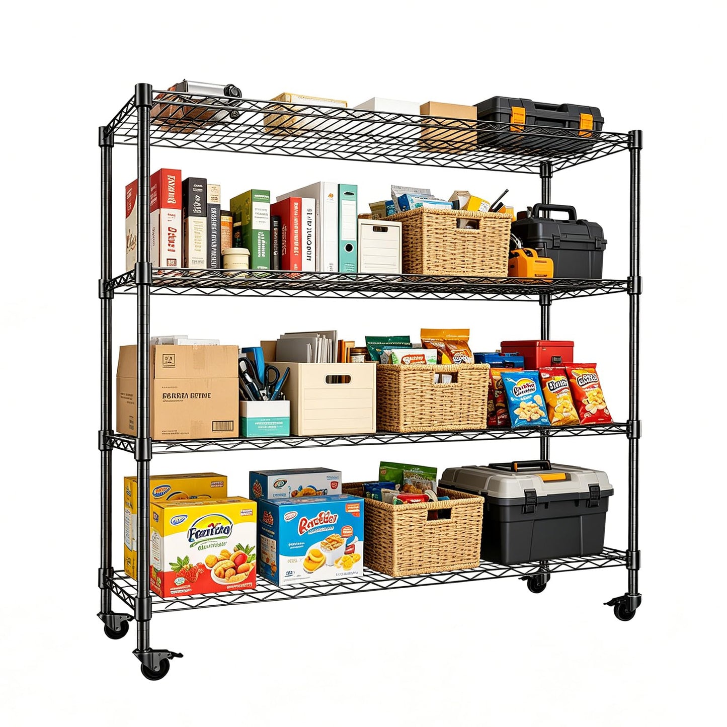 KAXIWEI Storage Shelves 2500LBS Metal Shelving 4 Tier Wire Shelving Garage Shelving Units with Wheels Heavy Duty Metal Shelves for Shelving Unit Adjustable Shelf, 62" H x 58" W x 20" D
