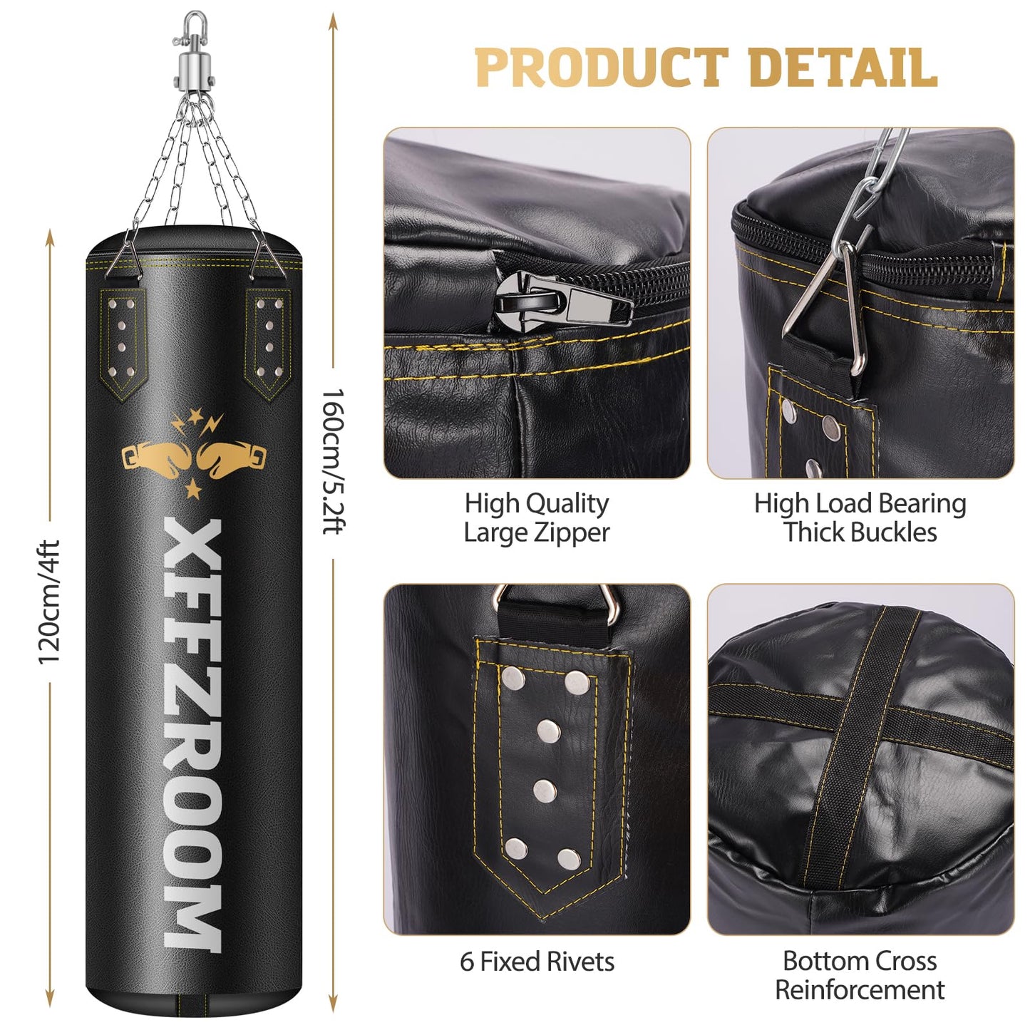xffzroom Punching Bag for Adults, 4ft PU Leather 6 in 1 Heavy Boxing Bag Set, Punching Bag with 12oz Boxing Gloves, Hand Wraps, Hanging Bag for MMA Karate Kickboxing Muay Thai Boxing Home - Unfilled