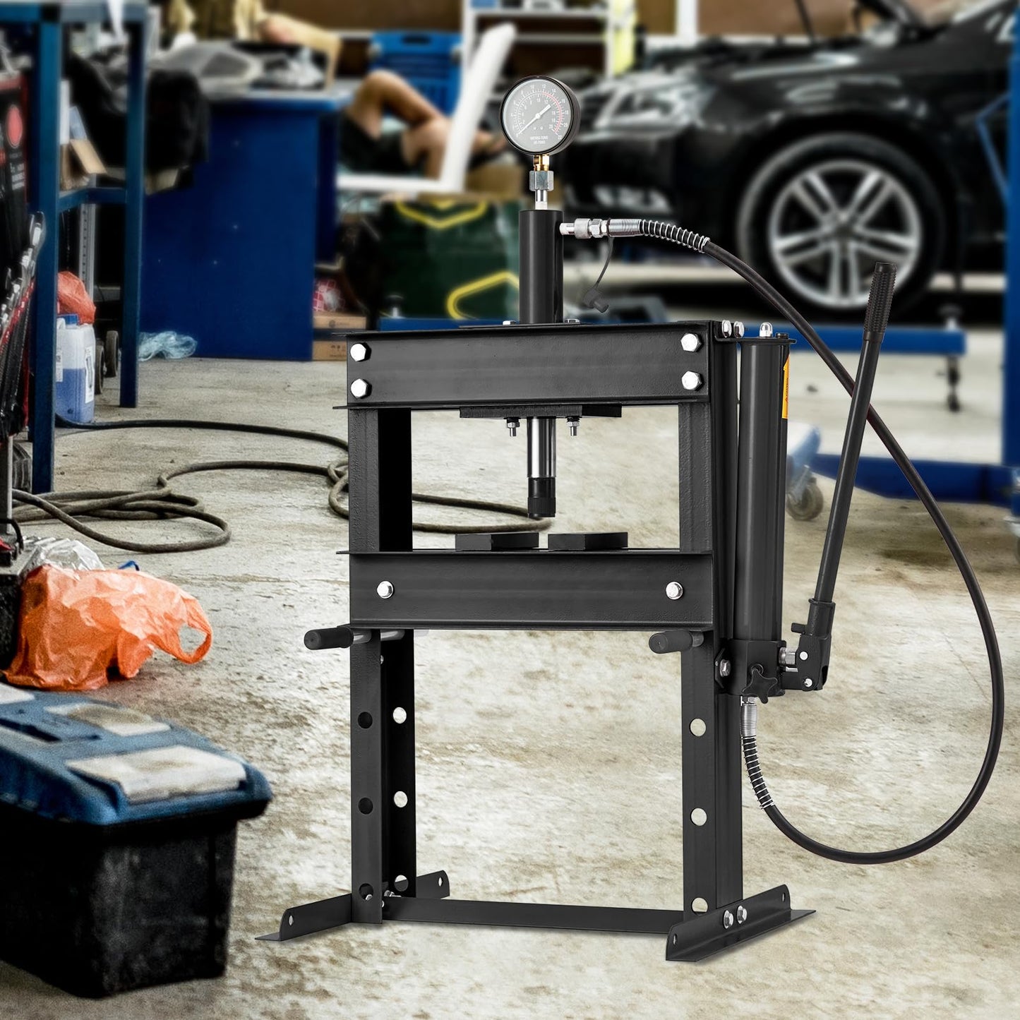 10T Hydraulic Press, 10 Ton H-Frame Garage Hydraulic Shop Press with Pressure Gauge, Adjustable Hydraulic Press with Plates, Black