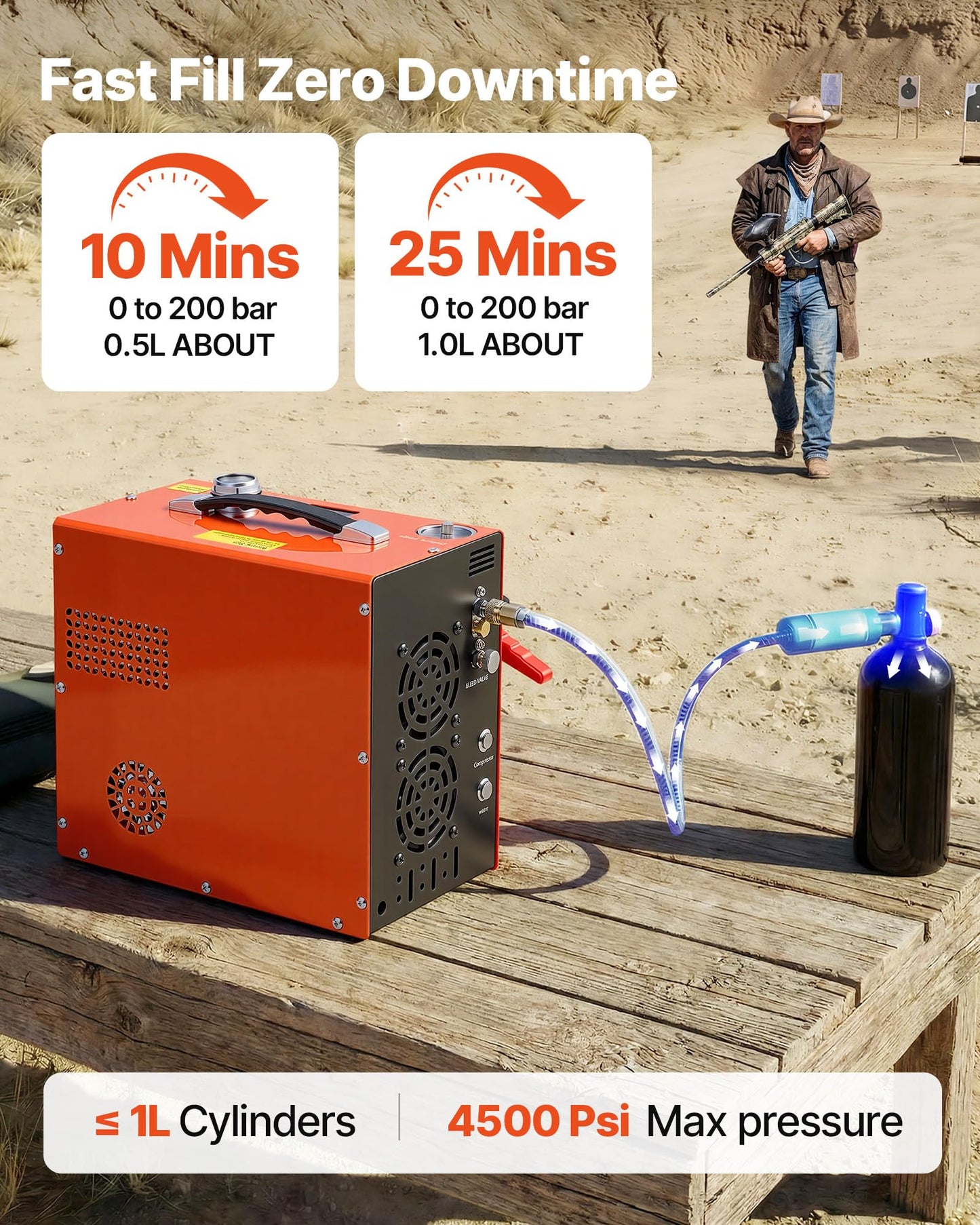 VEVOR PCP Air Compressor, 4500PSI/30Mpa Portable PCP Airgun Compressor - Built-in Water and Fan Cooling System, Auto-Stop | DC12V/AC120V Paintball Tank Compressor for Air Rifle, Scuba Diving Bottle