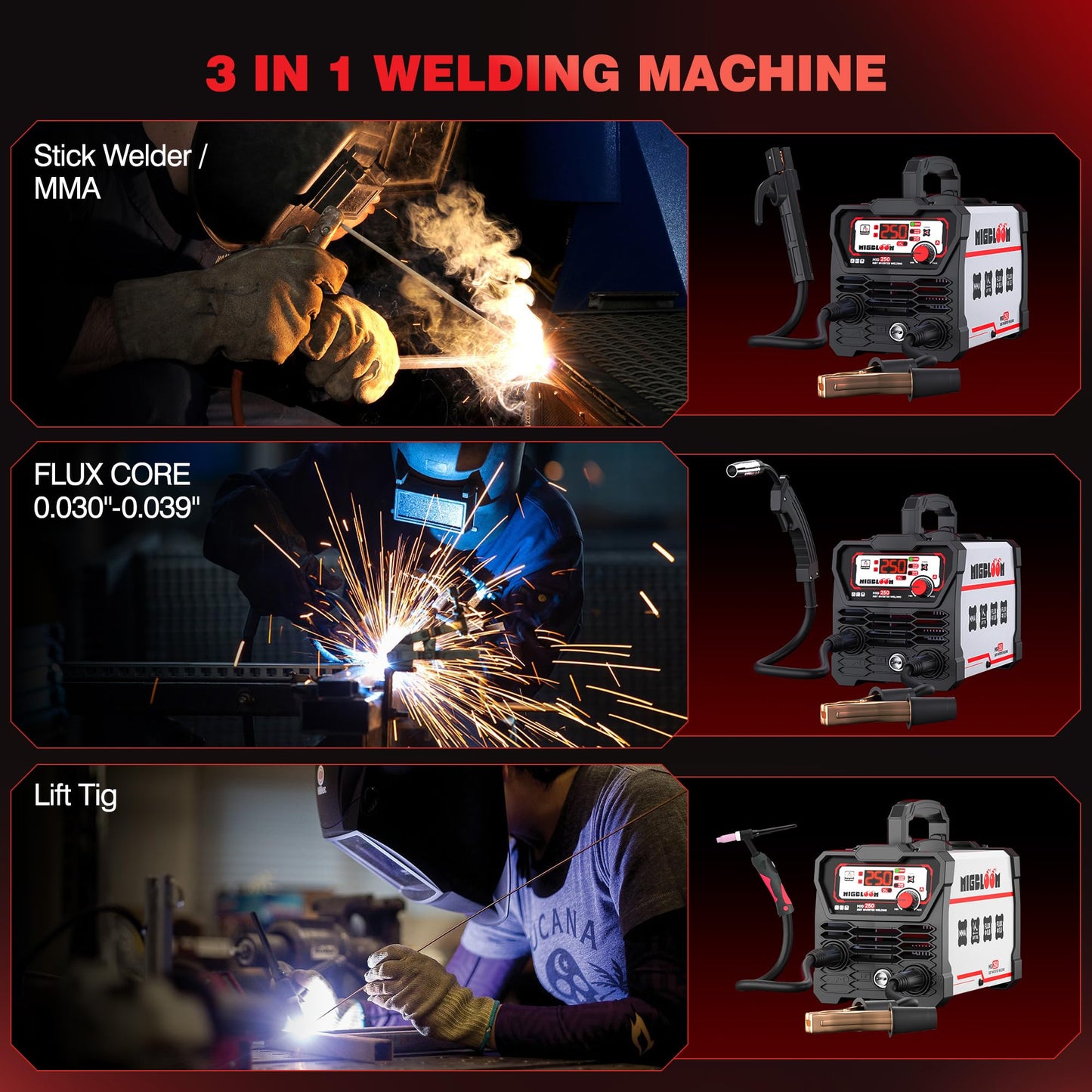 250A Mig Welder,Gasless 110V FLUX MIG/ARC/Lift TIG Welding Machine,3 in 1 Mig Welder with Synergy and IGBT Inverter,Flux Core Welder with LCD Display
