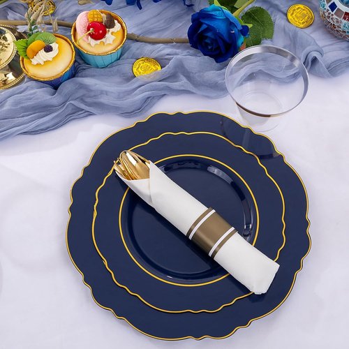 Liacere 350PCS Navy Blue Plastic Plates - Elegant Disposable Dinnerware Set for 50 Guests with Napkins & Silverware