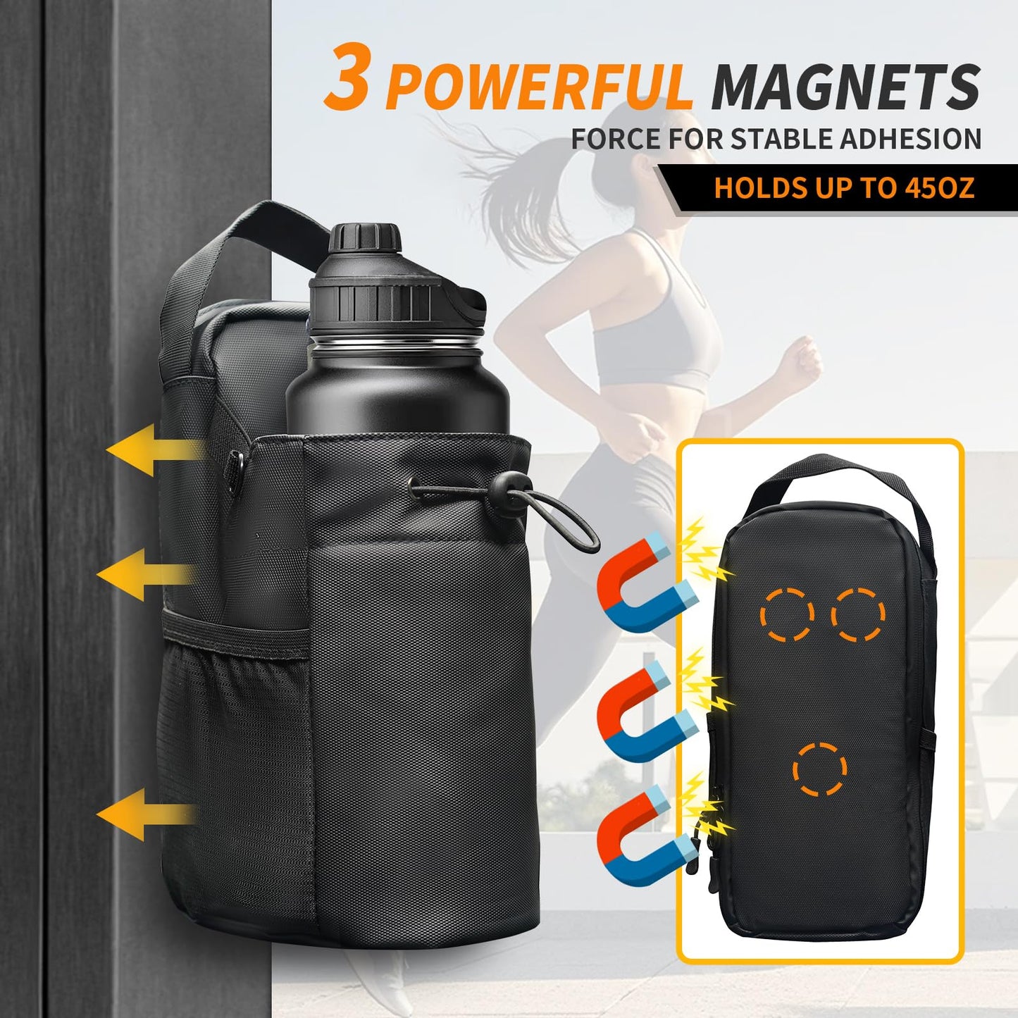 seektik Magnetic Gym Bag for Women and Men, Magnetic Water Bottle Holder with Strap and Phone Pocket (Black)