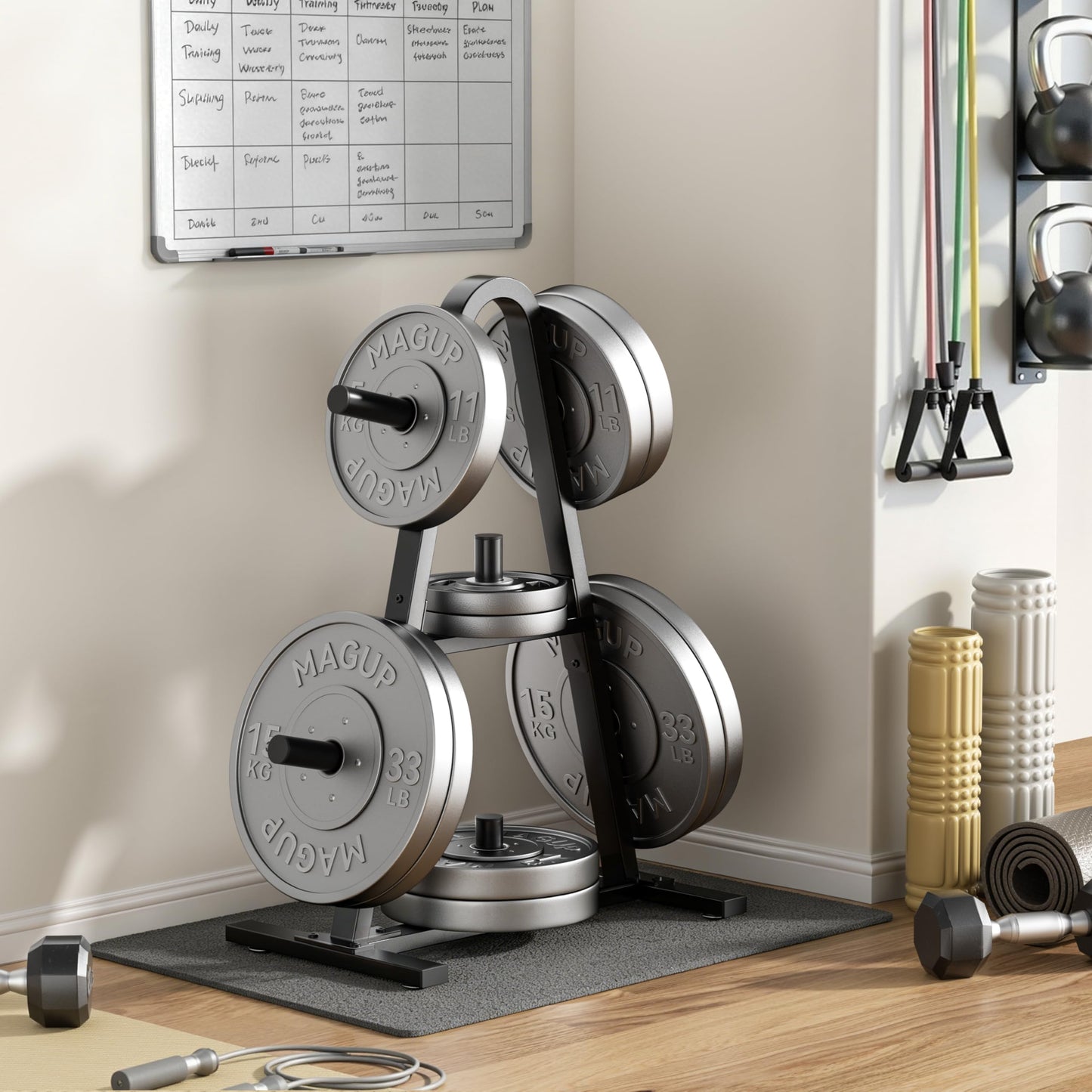 Olympic Weight Plate Rack 400LBs, Heavy Duty Weight Tree Rack for 2-Inch Plates, Barbell & Bumper Plate Storage, Free Weight Rack & Gym Plate Holder for Home Gym