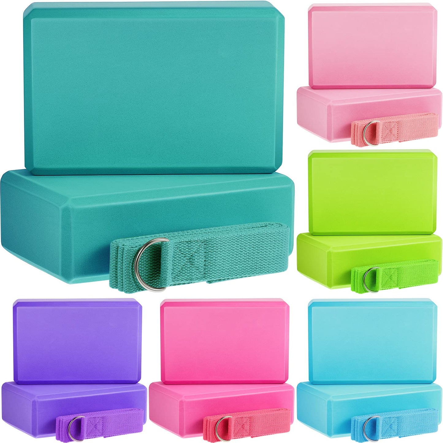 Meooeck 18 Pcs Yoga Blocks and Strap Set Include 12 EVA Foam Yoga Blocks Bulk 9"x6"x3" with 6 Adjustable 8 ft Straps D Ring Non Slip Props for Stretching Pilates Workout Studio Home Gym(Multicolor)
