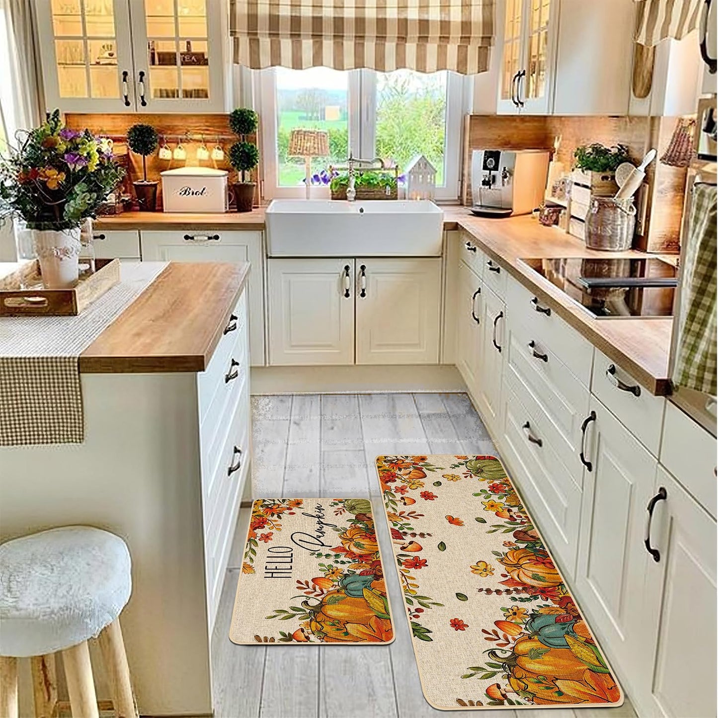 Baccessor Fall Pumpkins Kitchen Rugs Set of 2,Thanksgiving Autumn Pumpkins Floral Leaves Low-Profile Non Slip Absorbent Kitchen Mats for Floor Farmhouse Home Decor 17x29 and 17x47 Inch